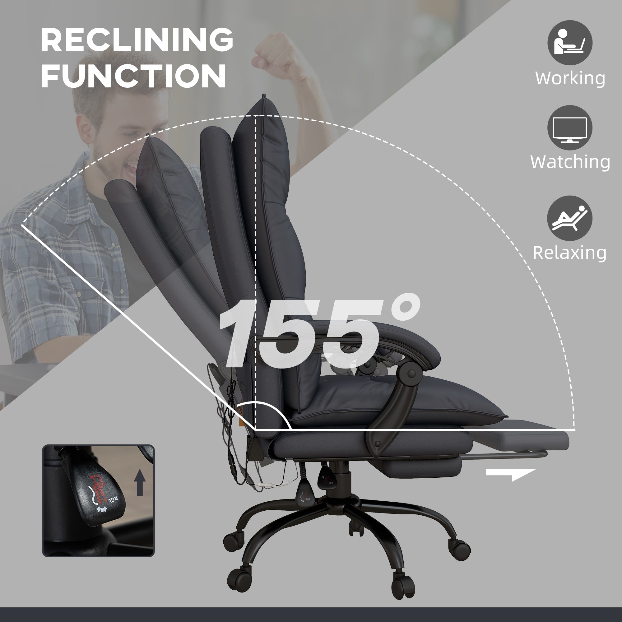 Executive Massage Office Chair with 6 Vibration Points, Microfiber Computer Desk Chair, Heated Reclining Chair Gray - HOMCOM
