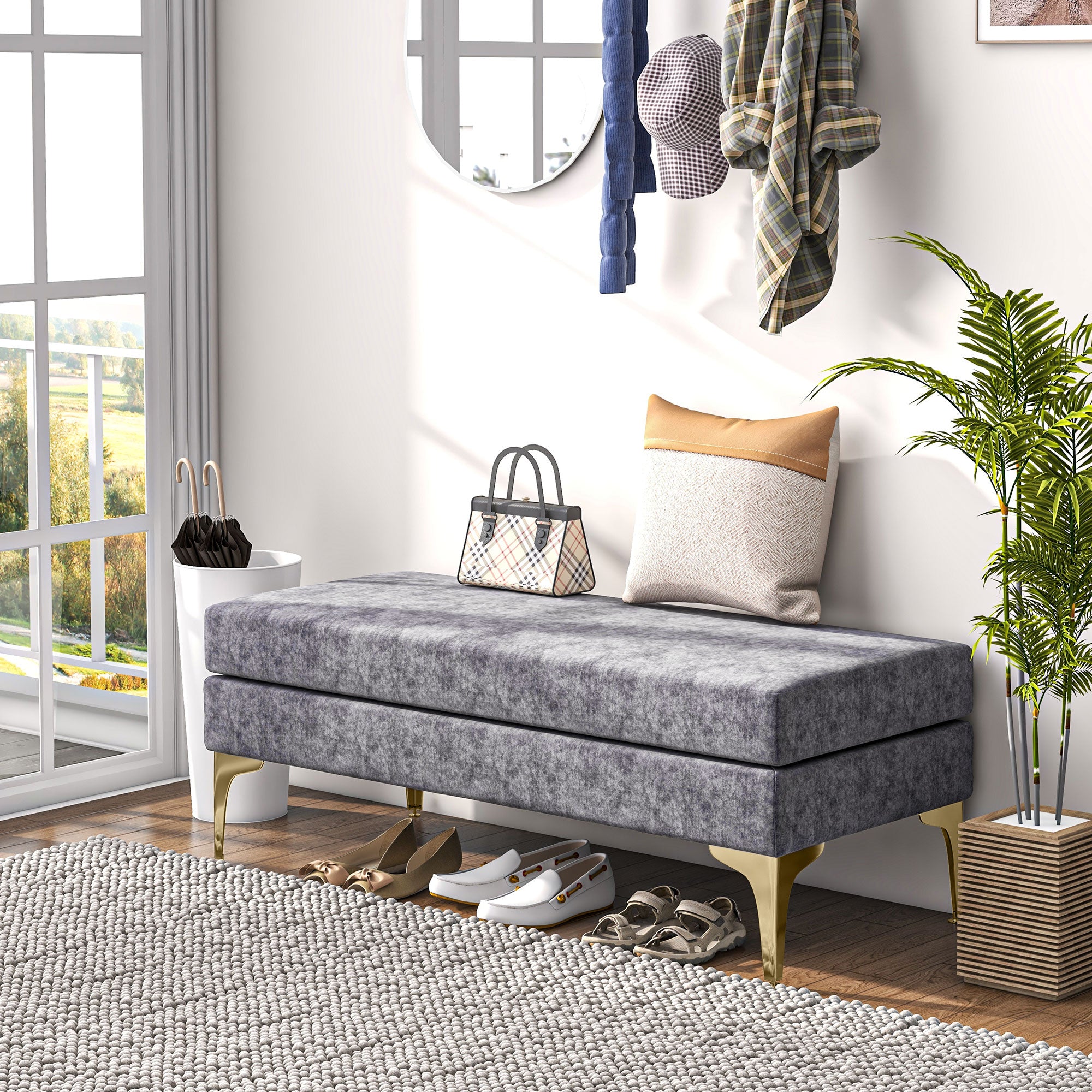 HOMCOM Upholstered Bench, 48" End of Bed Bench, Entryway Bench with Double Layer Seat Cushions and Steel Legs for Bedroom, Dark Grey