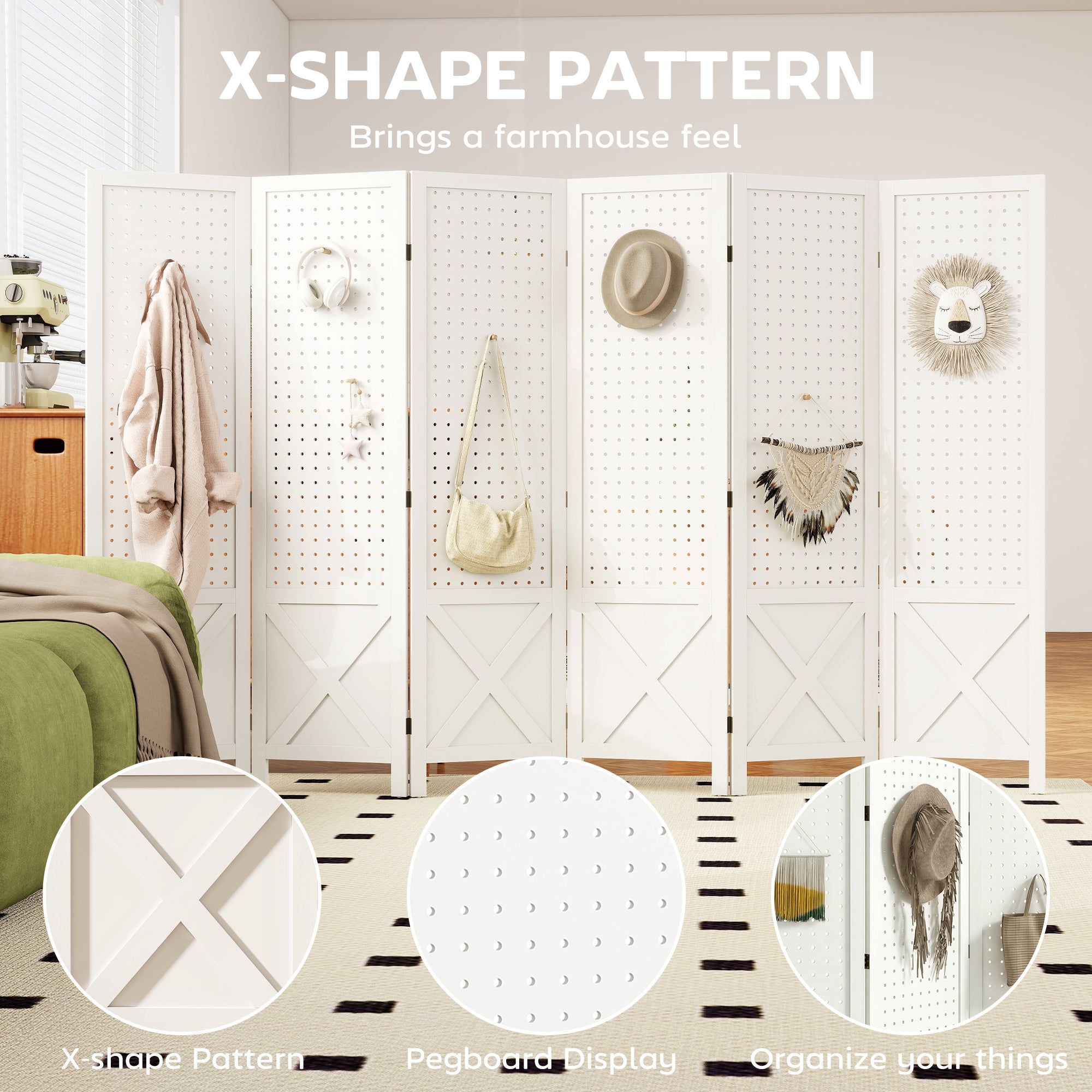 6 Panel Pegboard Display Room Divider, 56.9" Tall Wood Indoor Portable Folding Privacy Screen, Partition Wall Divider for Bedroom, White