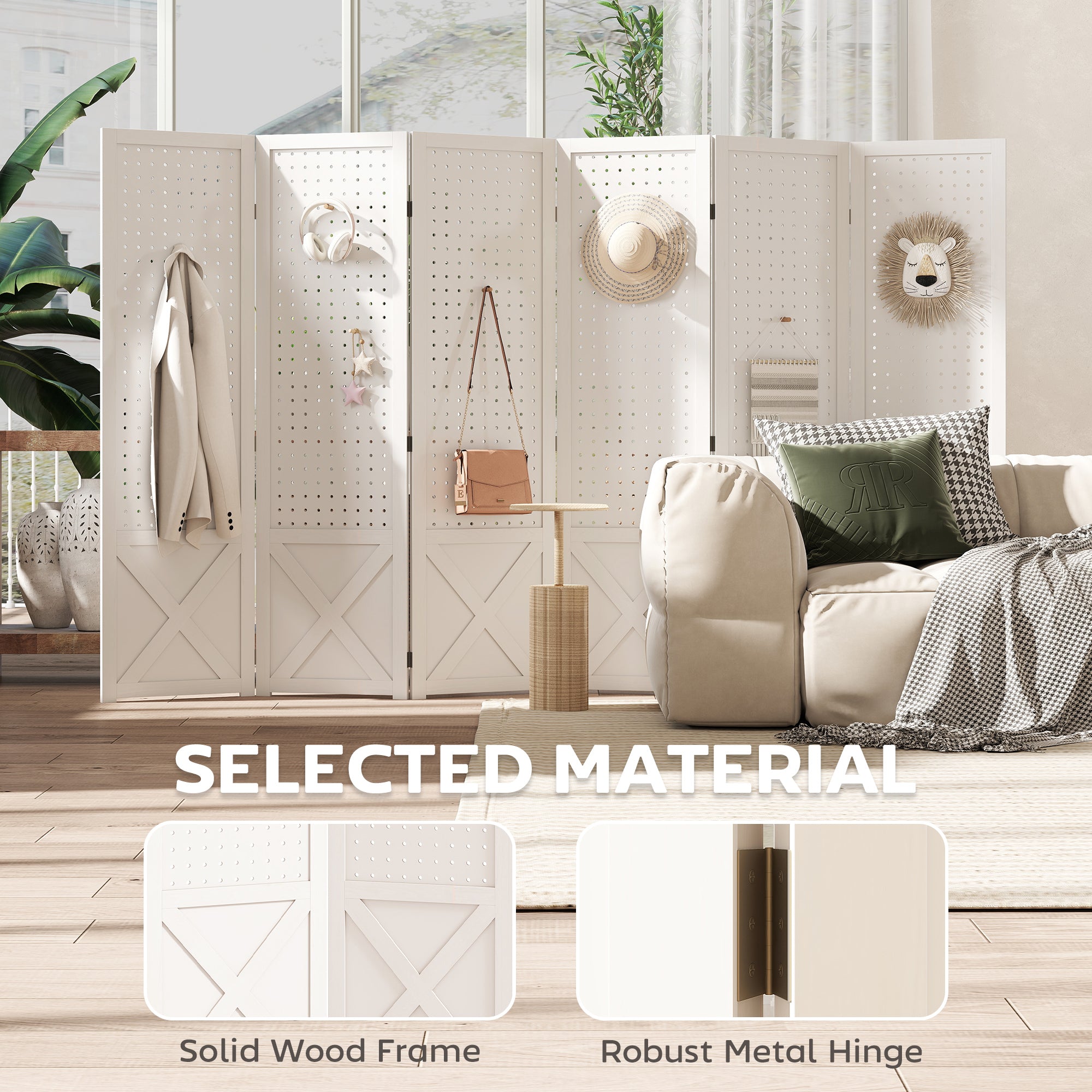 6 Panel Pegboard Display Room Divider, 56.9" Tall Wood Indoor Portable Folding Privacy Screen, Partition Wall Divider for Bedroom, White