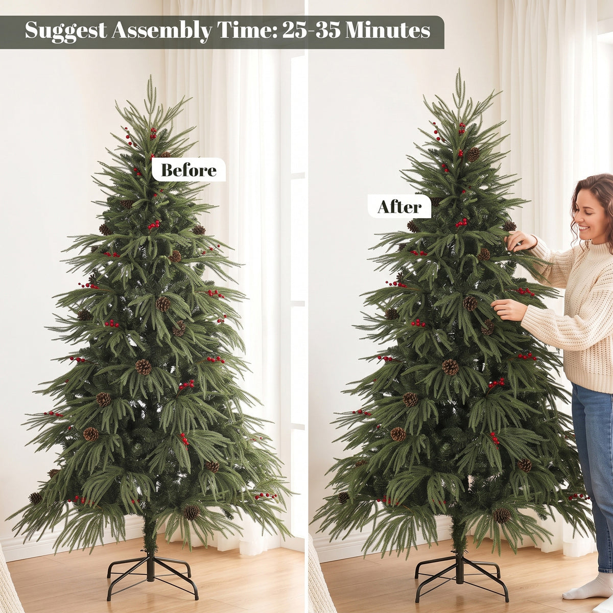 6ft Artificial Christmas Tree with Pinecones, Red Berries, Hinged Predecorated Xmas Tree with 2843 Branch Tips, Foldable Metal Base for Home Office Holiday Decoration, Green