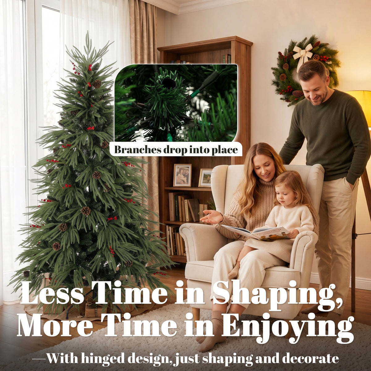 6ft Artificial Christmas Tree with Pinecones, Red Berries, Hinged Predecorated Xmas Tree with 2843 Branch Tips, Foldable Metal Base for Home Office Holiday Decoration, Green