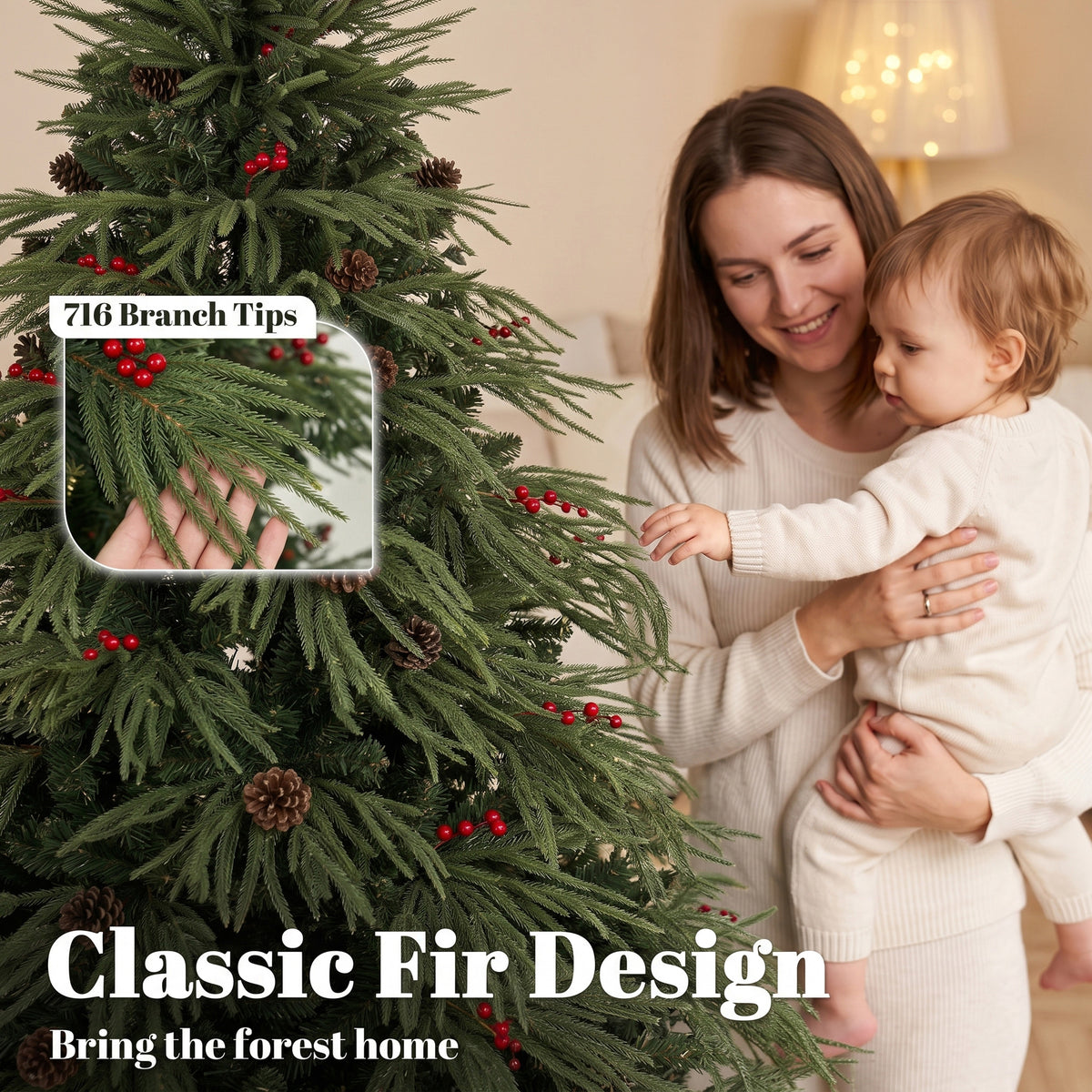6ft Artificial Christmas Tree with Pinecones, Red Berries, Hinged Predecorated Xmas Tree with 2843 Branch Tips, Foldable Metal Base for Home Office Holiday Decoration, Green