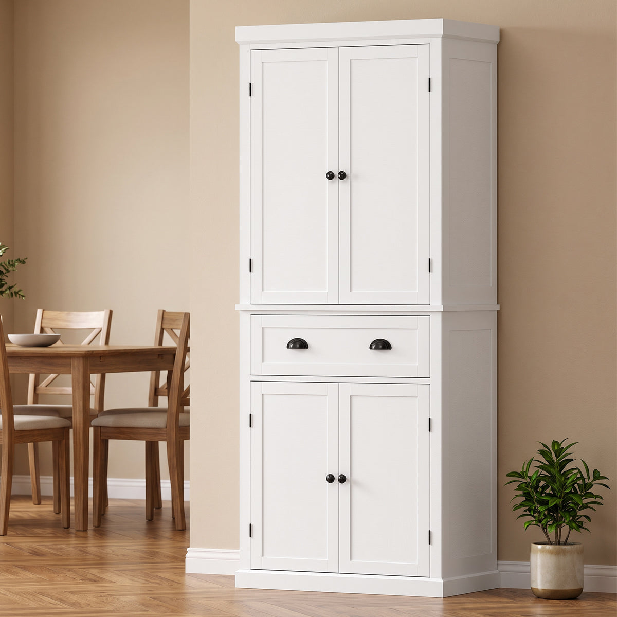 Tall Kitchen Cupboard, 183 cm Freestanding Storage Cabinet with Drawer, 4 Doors and Adjustable Shelves, Kitchen Pantry Cupboard for Living Room, Dining Room, White
