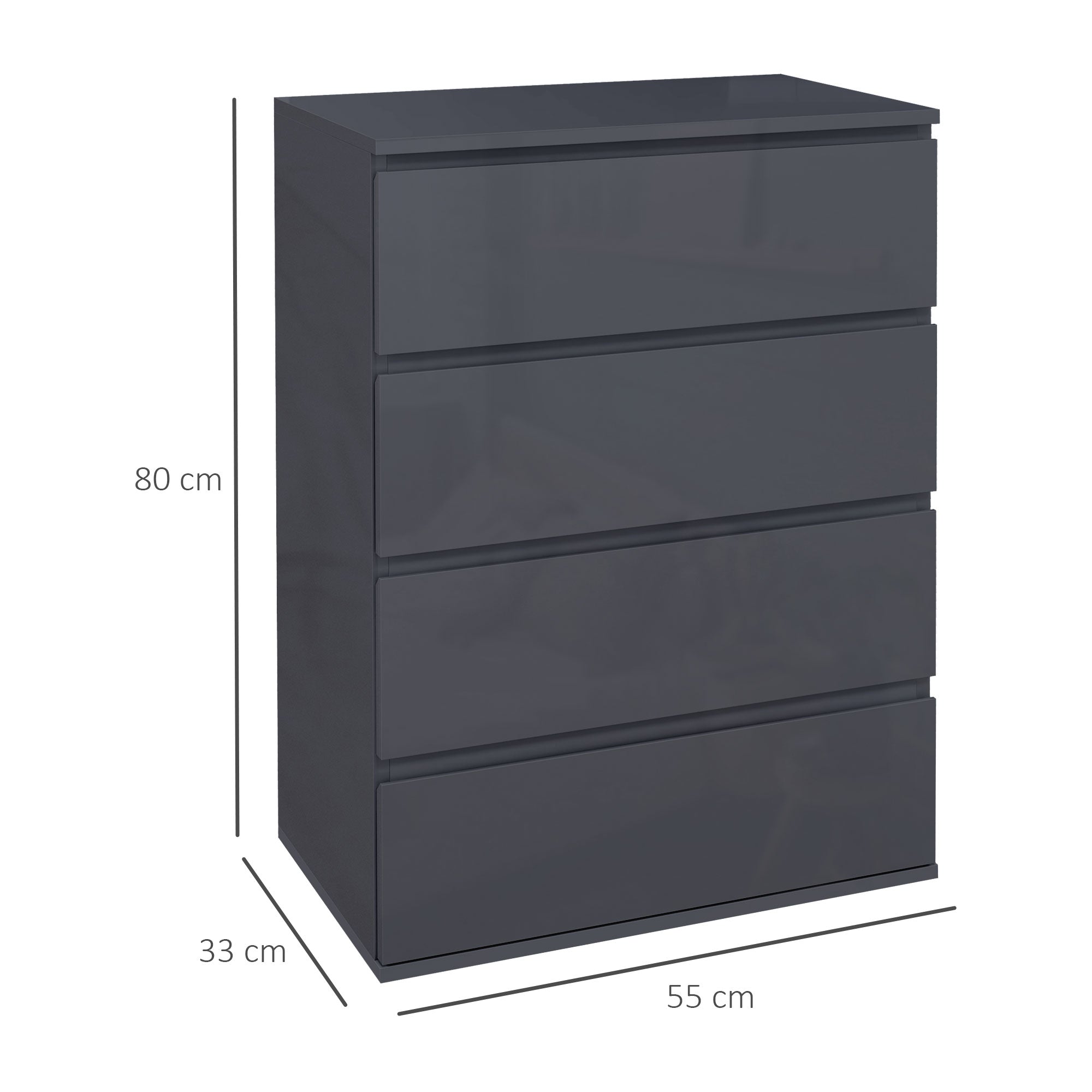 HOMCOM High Gloss Chest of Drawers, 4 Drawers Dresser, Modern Storage Drawer Unit with Soft Closing Mechanism for Bedroom, Grey