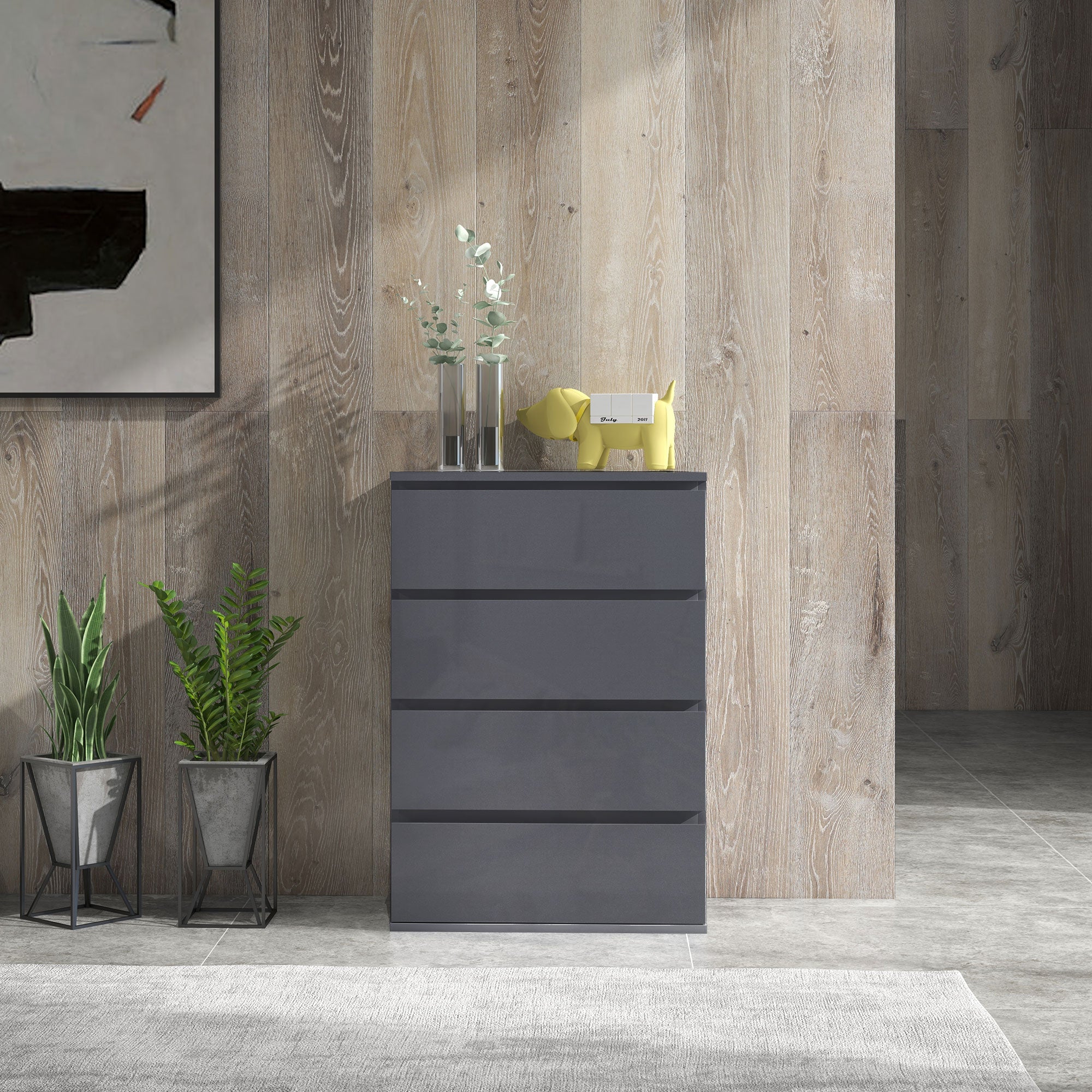 HOMCOM High Gloss Chest of Drawers, 4 Drawers Dresser, Modern Storage Drawer Unit with Soft Closing Mechanism for Bedroom, Grey