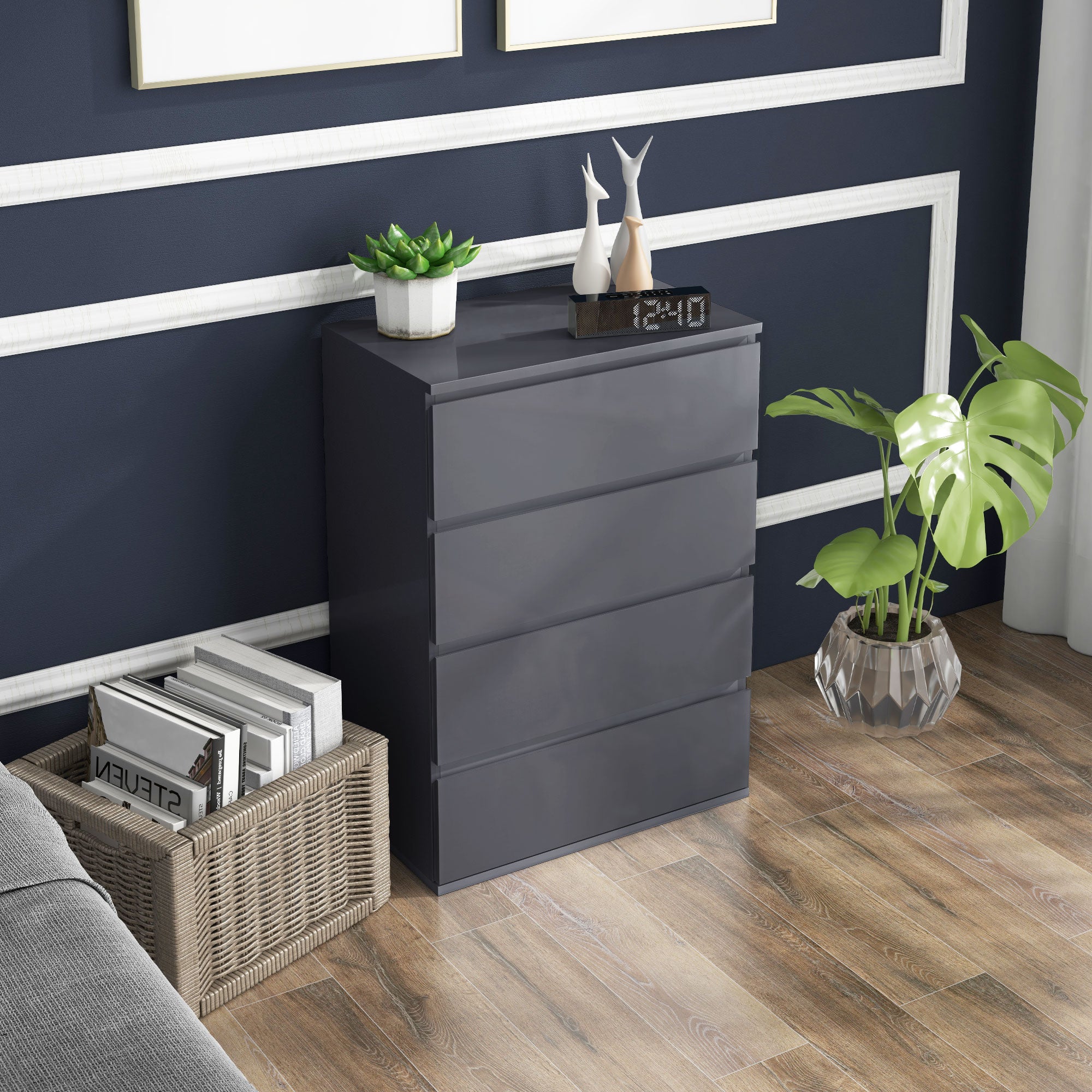 HOMCOM High Gloss Chest of Drawers, 4 Drawers Dresser, Modern Storage Drawer Unit with Soft Closing Mechanism for Bedroom, Grey