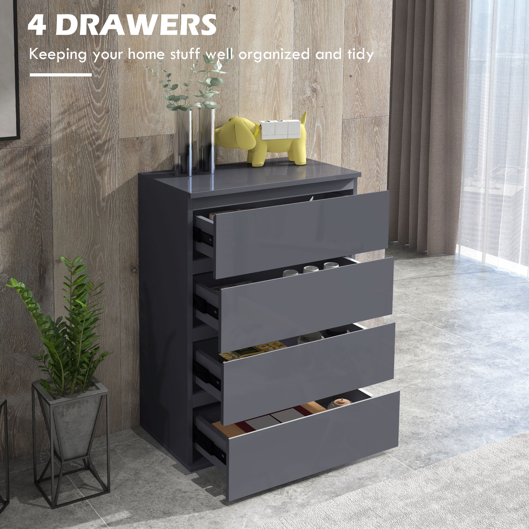 HOMCOM High Gloss Chest of Drawers, 4 Drawers Dresser, Modern Storage Drawer Unit with Soft Closing Mechanism for Bedroom, Grey