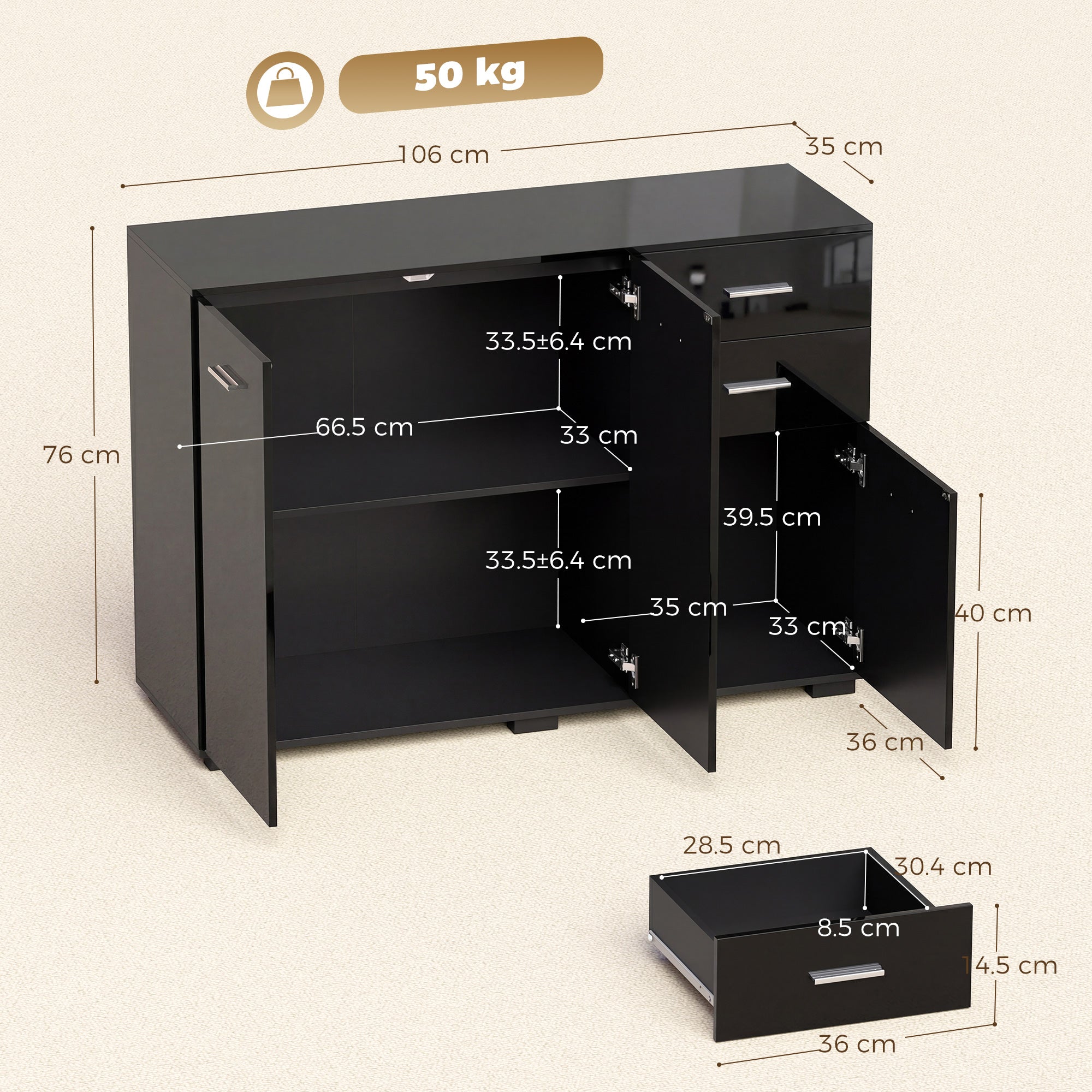 Sideboard, Modern Storage Cabinet with 2 Drawers, 3 Doors and Adjustable Shelves, Kitchen Cabinet for Living Room, Dining Room, High Gloss Black