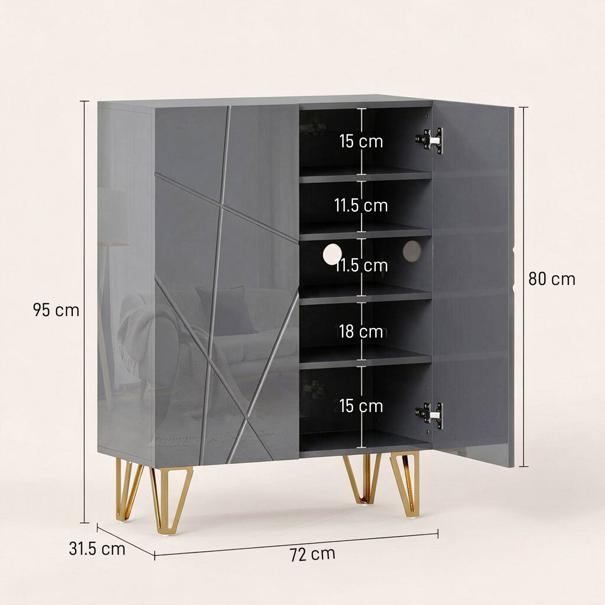 Narrow Shoe Cabinet, Slim Shoe Storage Cabinet with Soft-Close Hinges and Adjustable Shelves for 15-20 Pairs of Shoes, Grey
