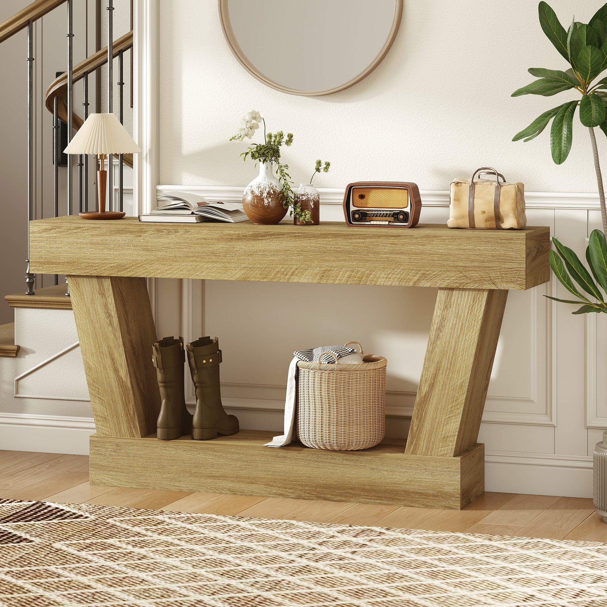 63 Inch Vintage Entryway Table, Narrow Console Tables For Entryway, Sofa Table Behind Couch with Open Shelf, for Living Room, Hallway, Oak