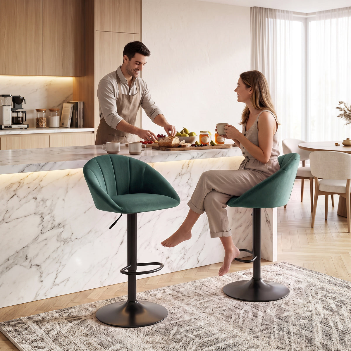 Breakfast Bar Stools Set of 2, Modern Velvet-Feel Swivel BarStools, Adjustable Counter Height Bar Chairs with Backrest and Footrest for Kitchen Island, Dining Room, Bar, Dark Green