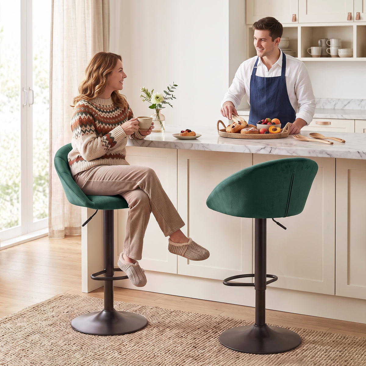 Breakfast Bar Stools Set of 2, Modern Velvet-Feel Swivel BarStools, Adjustable Counter Height Bar Chairs with Backrest and Footrest for Kitchen Island, Dining Room, Bar, Dark Green