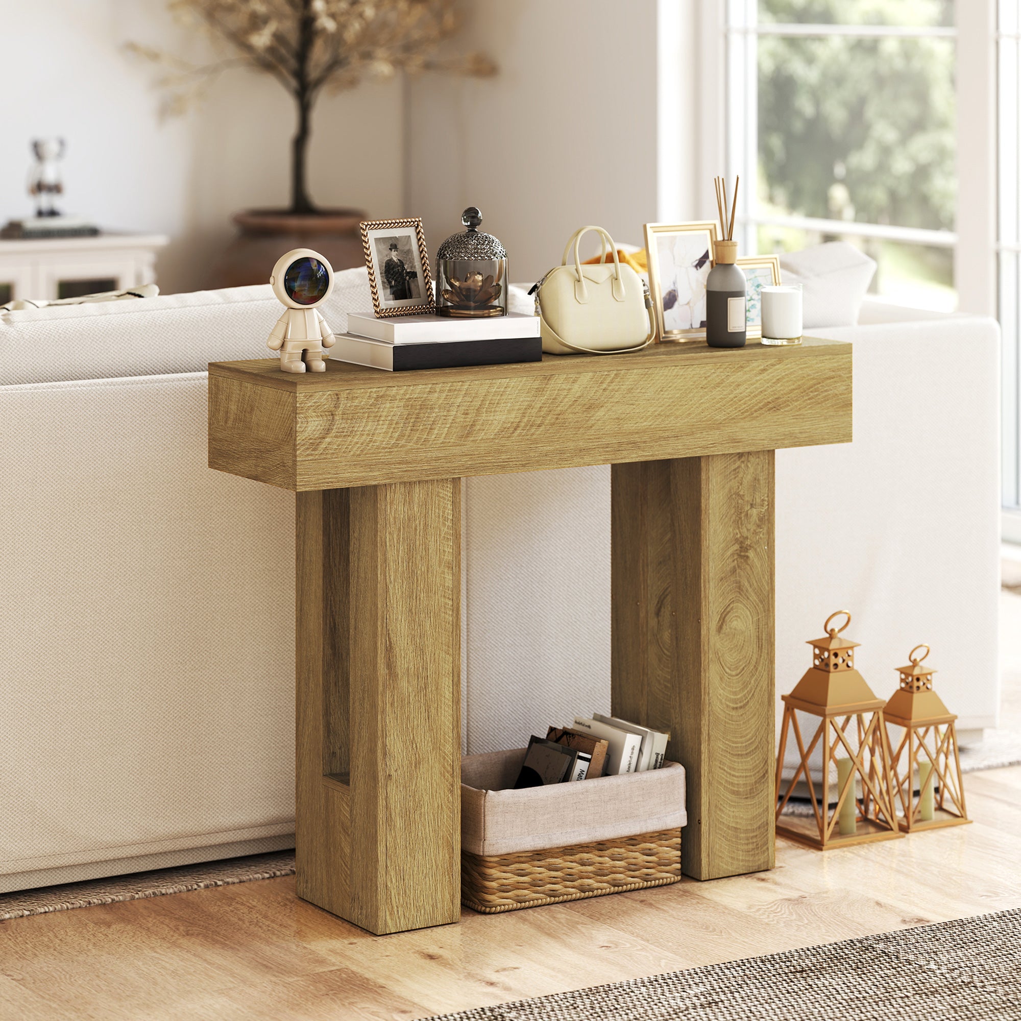 42 Inch Console Table, Narrow Farmhouse Entryway Table with Thickened Tabletop for Living Room, Hallway, Entrance, Oak