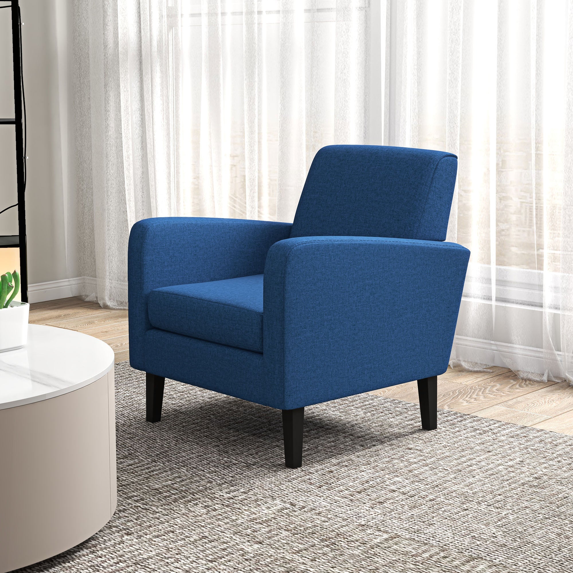 HOMCOM Modern Armchair with Rubber Wood Legs, Upholstered Accent Chair, Single Sofa for Living Room, Bedroom, Blue