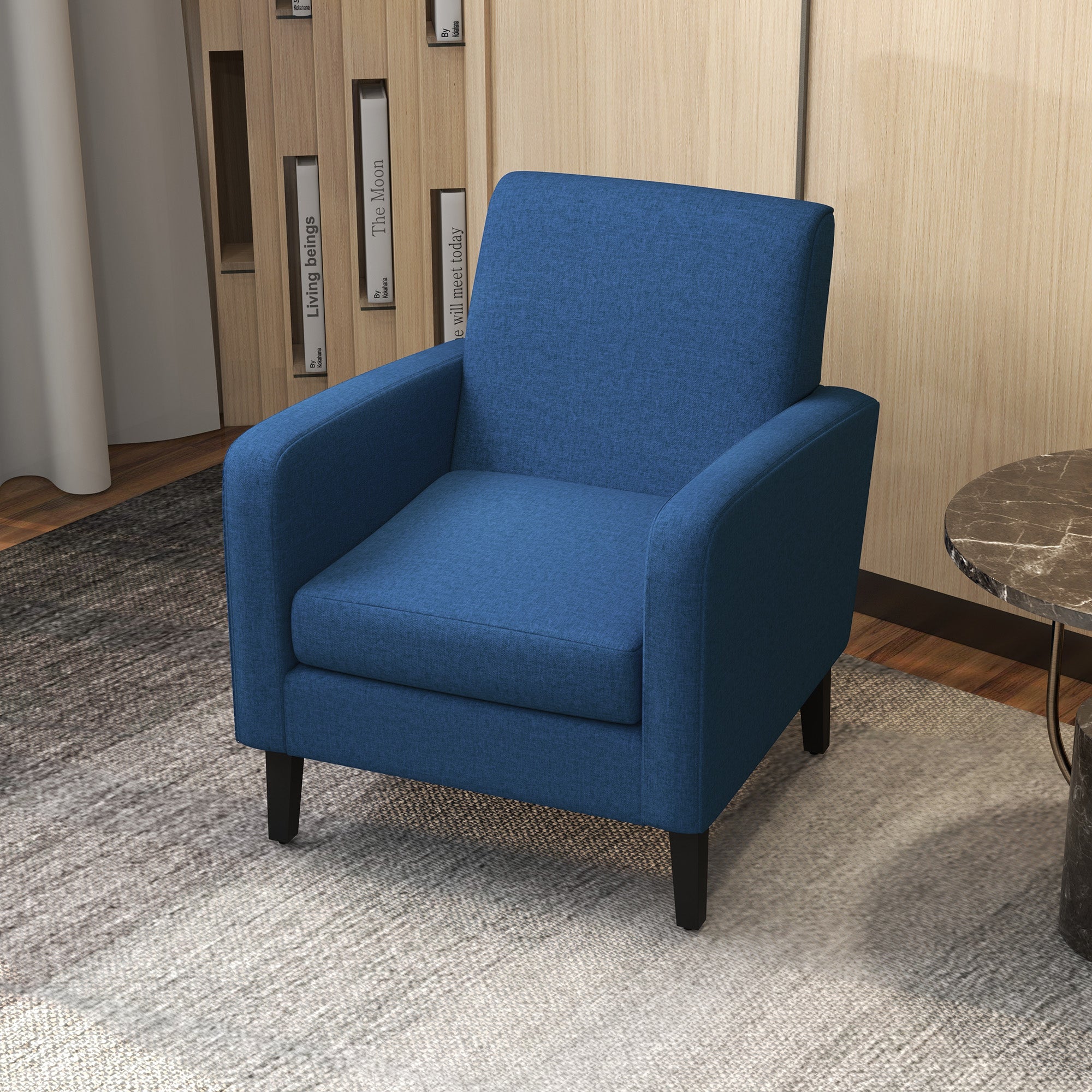 HOMCOM Modern Armchair with Rubber Wood Legs, Upholstered Accent Chair, Single Sofa for Living Room, Bedroom, Blue