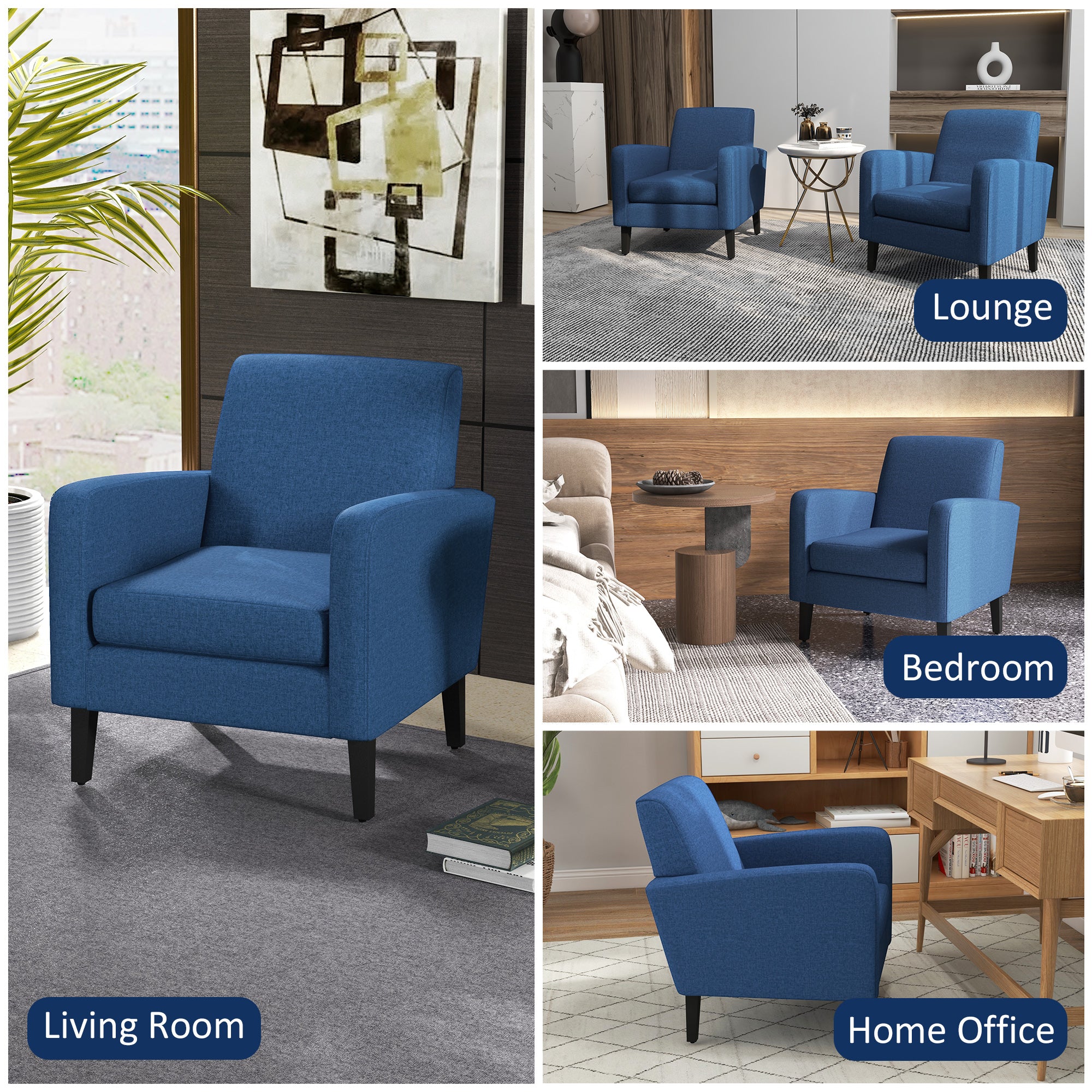 HOMCOM Modern Armchair with Rubber Wood Legs, Upholstered Accent Chair, Single Sofa for Living Room, Bedroom, Blue