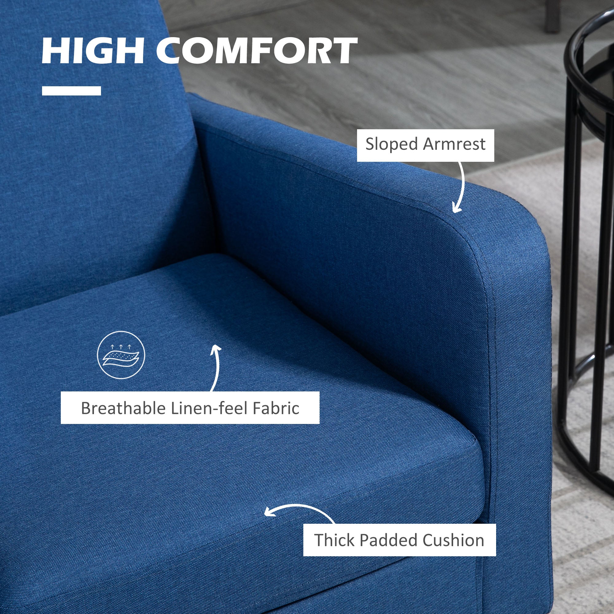 HOMCOM Modern Armchair with Rubber Wood Legs, Upholstered Accent Chair, Single Sofa for Living Room, Bedroom, Blue