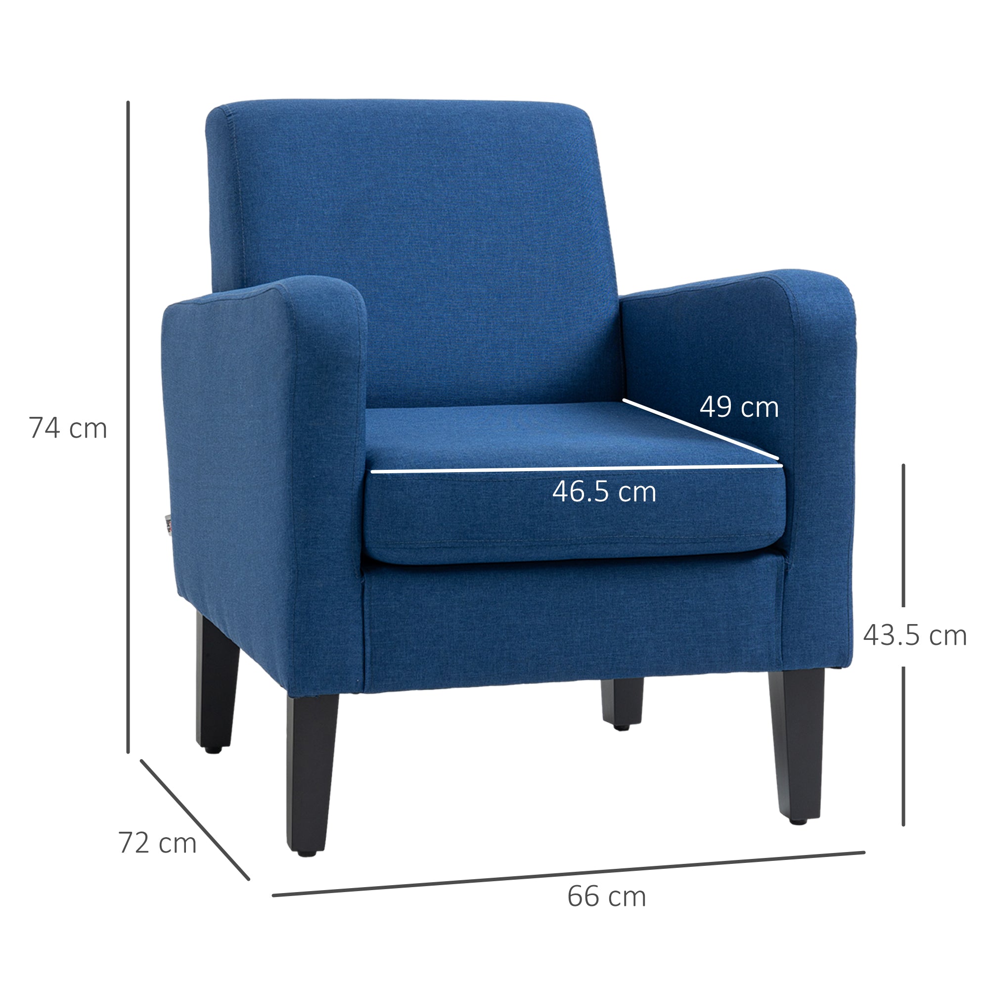 HOMCOM Modern Armchair with Rubber Wood Legs, Upholstered Accent Chair, Single Sofa for Living Room, Bedroom, Blue