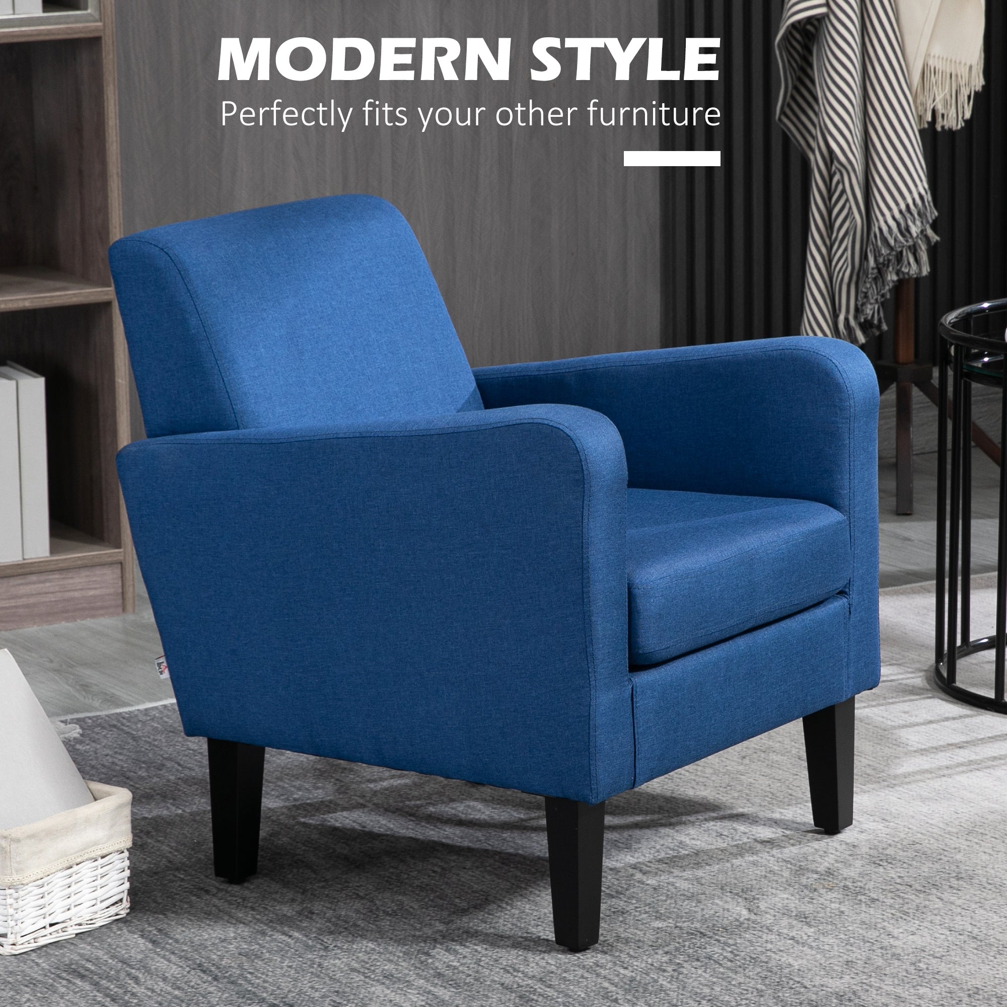 HOMCOM Modern Armchair with Rubber Wood Legs, Upholstered Accent Chair, Single Sofa for Living Room, Bedroom, Blue