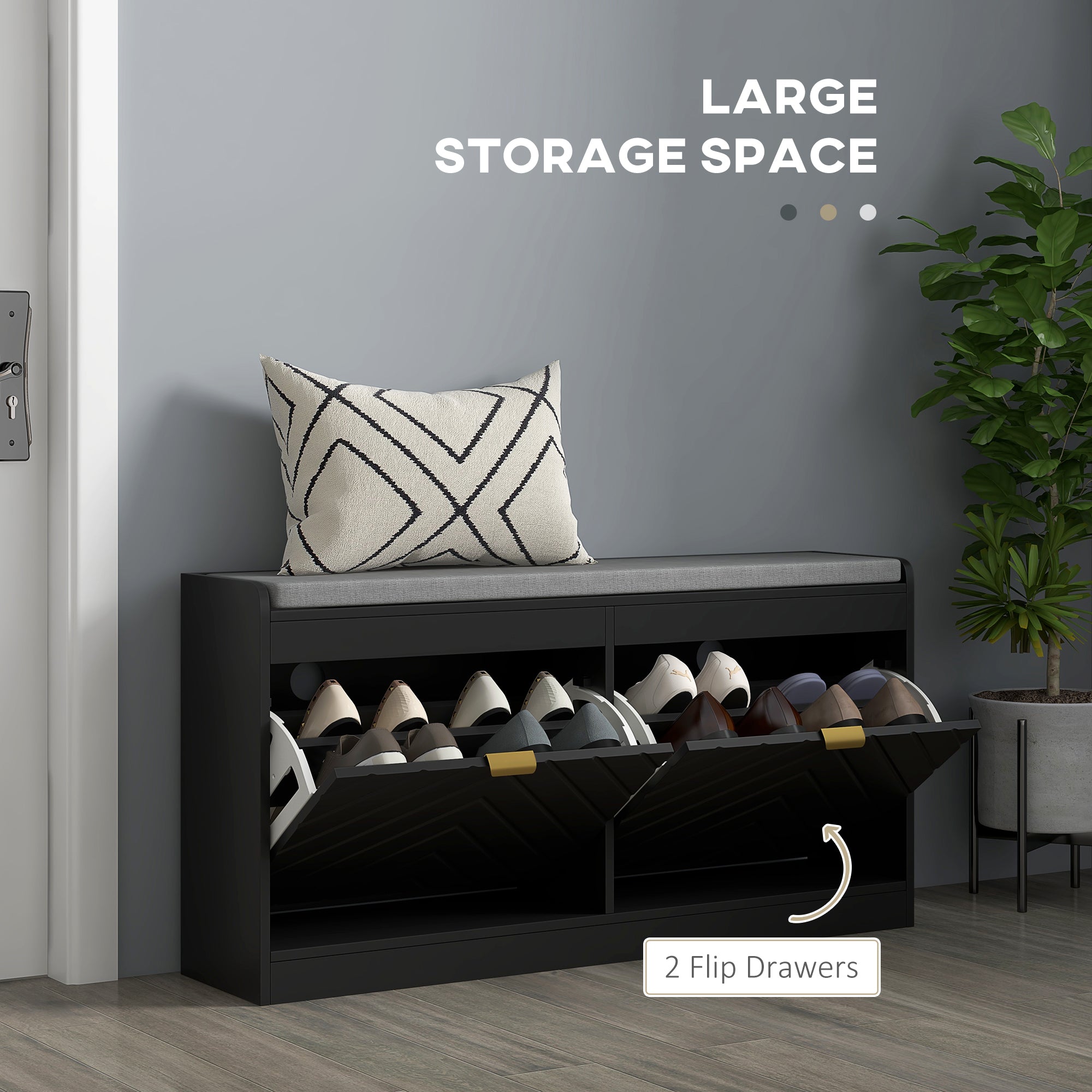 Shoe Bench, Entryway Bench with 2 Flip Drawers, Seating Cushion, and 2 Vents for 8 Pairs of Shoes for Hallway, Black
