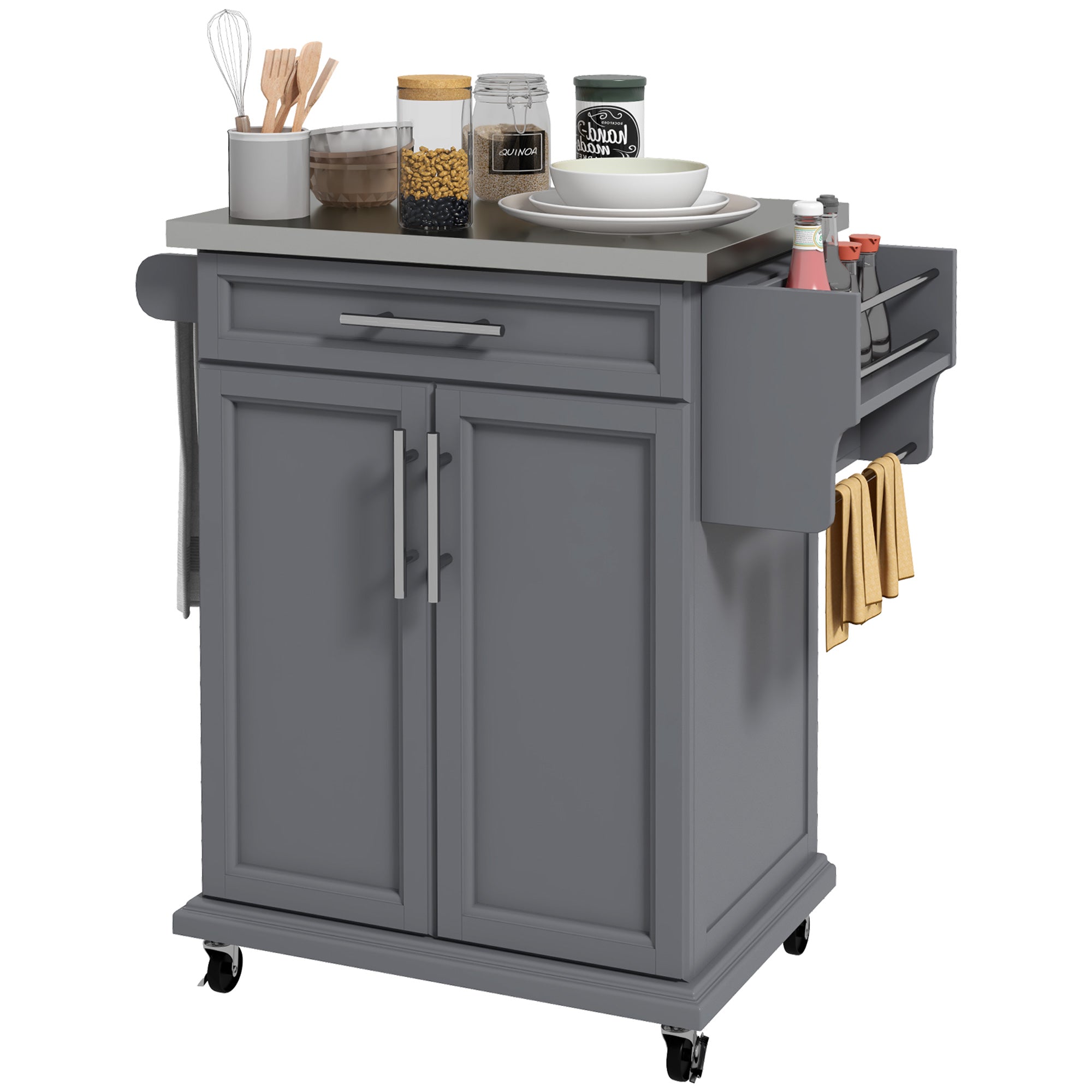 Kitchen Island on Wheels, Rolling Kitchen Cart with Stainless Steel Countertop, Drawer, Towel Rack and Spice Rack, Utility Storage Trolley, Gray