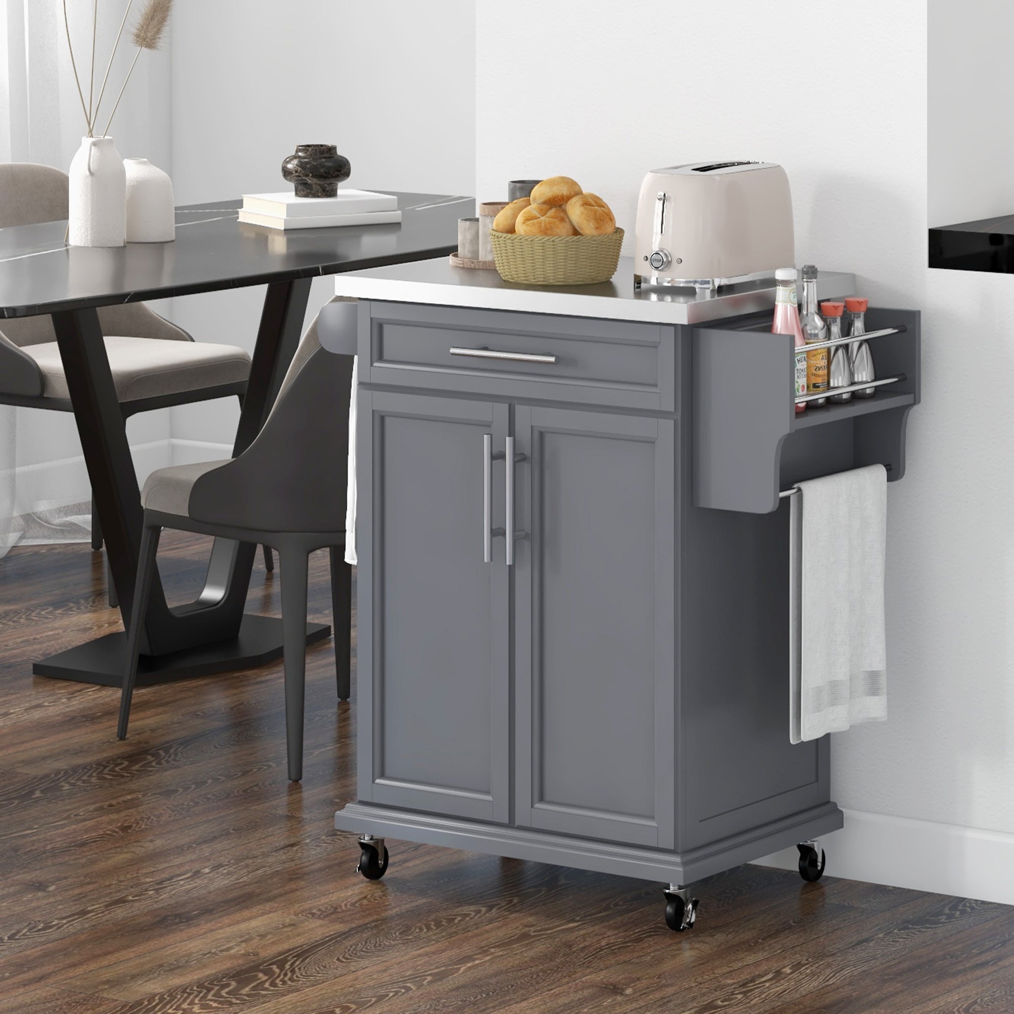 Kitchen Island on Wheels, Rolling Kitchen Cart with Stainless Steel Countertop, Drawer, Towel Rack and Spice Rack, Utility Storage Trolley, Gray