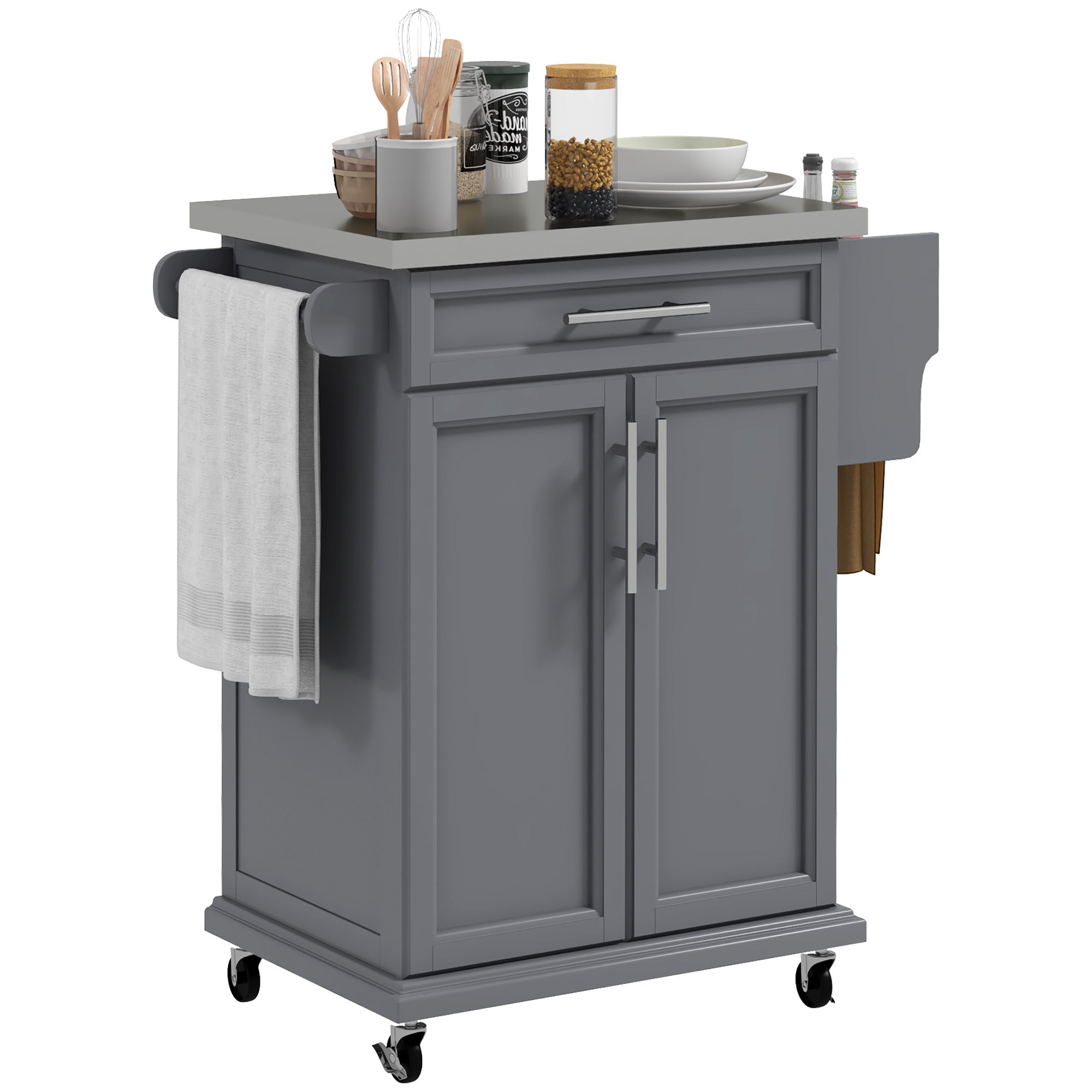 Kitchen Island on Wheels, Rolling Kitchen Cart with Stainless Steel Countertop, Drawer, Towel Rack and Spice Rack, Utility Storage Trolley, Gray