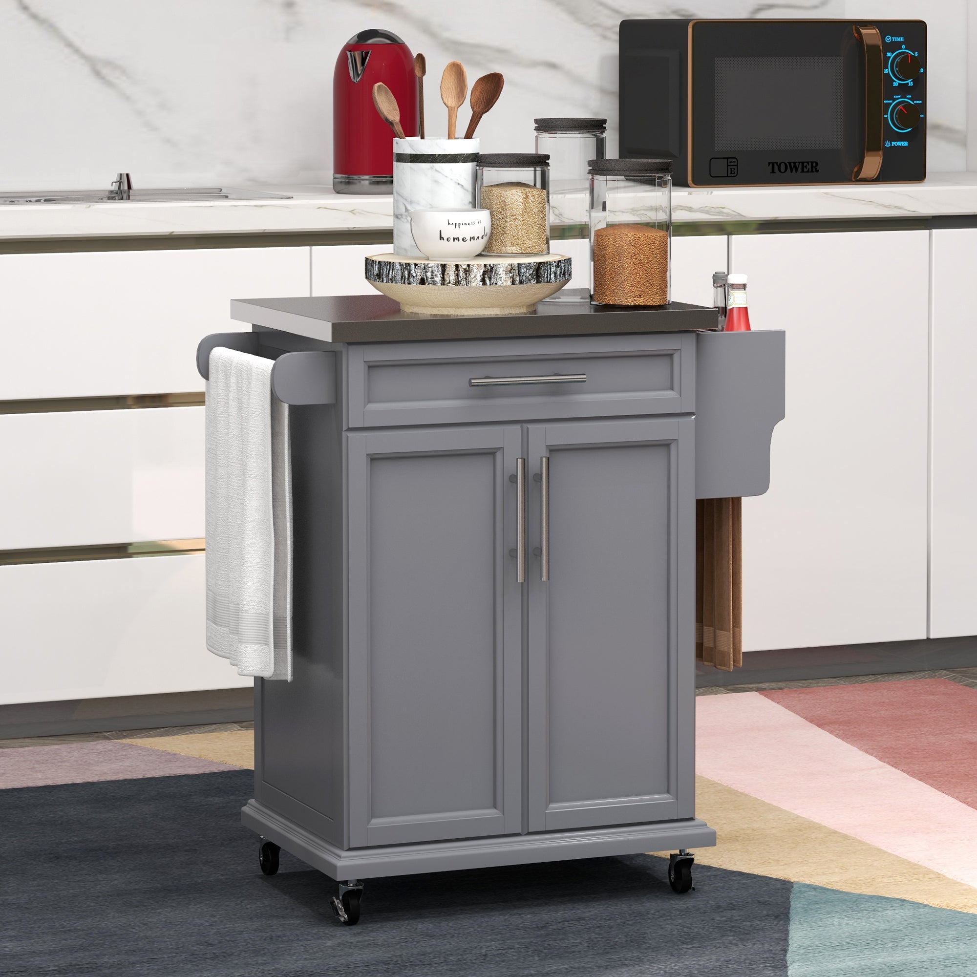 Kitchen Island on Wheels, Rolling Kitchen Cart with Stainless Steel Countertop, Drawer, Towel Rack and Spice Rack, Utility Storage Trolley, Gray