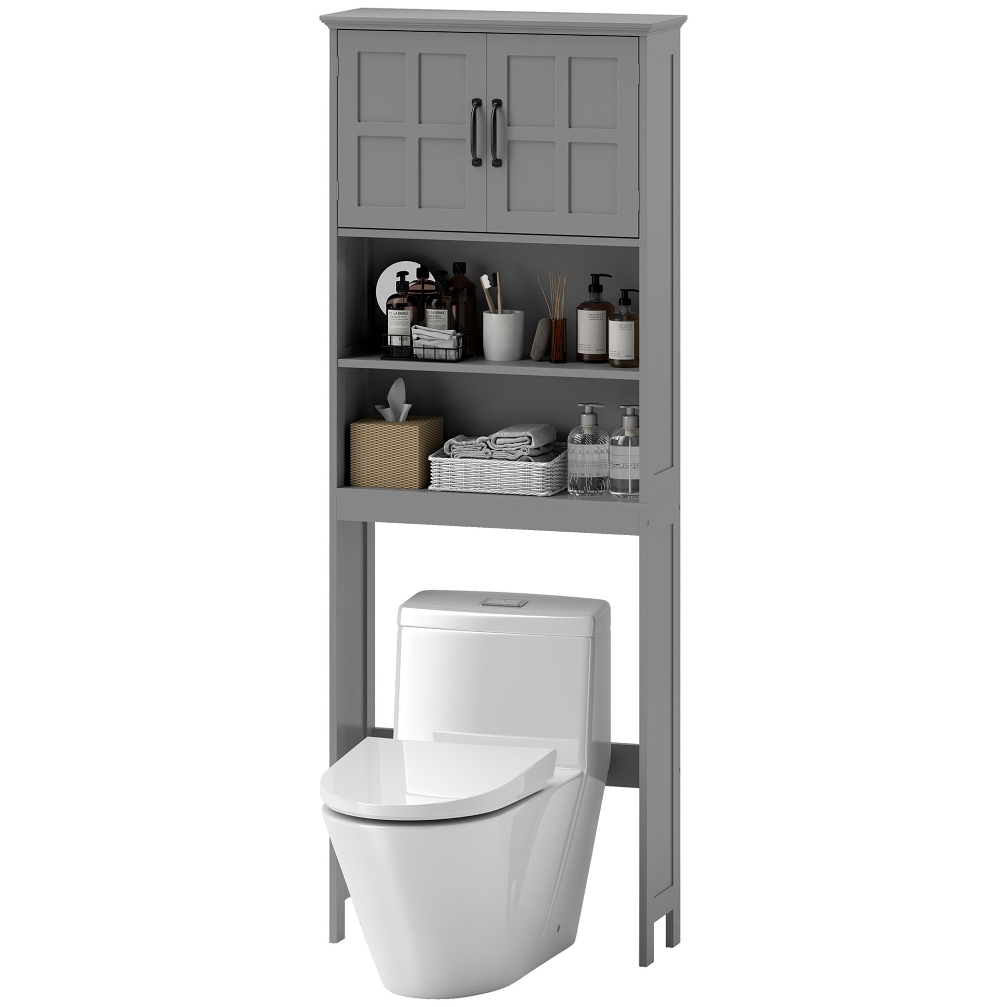 kleankin Over The Toilet Storage Cabinet, Bathroom Space Saver with Adjustable Shelf, Open Shelves and Double Door Cabinet, Bathroom Organizer, Grey