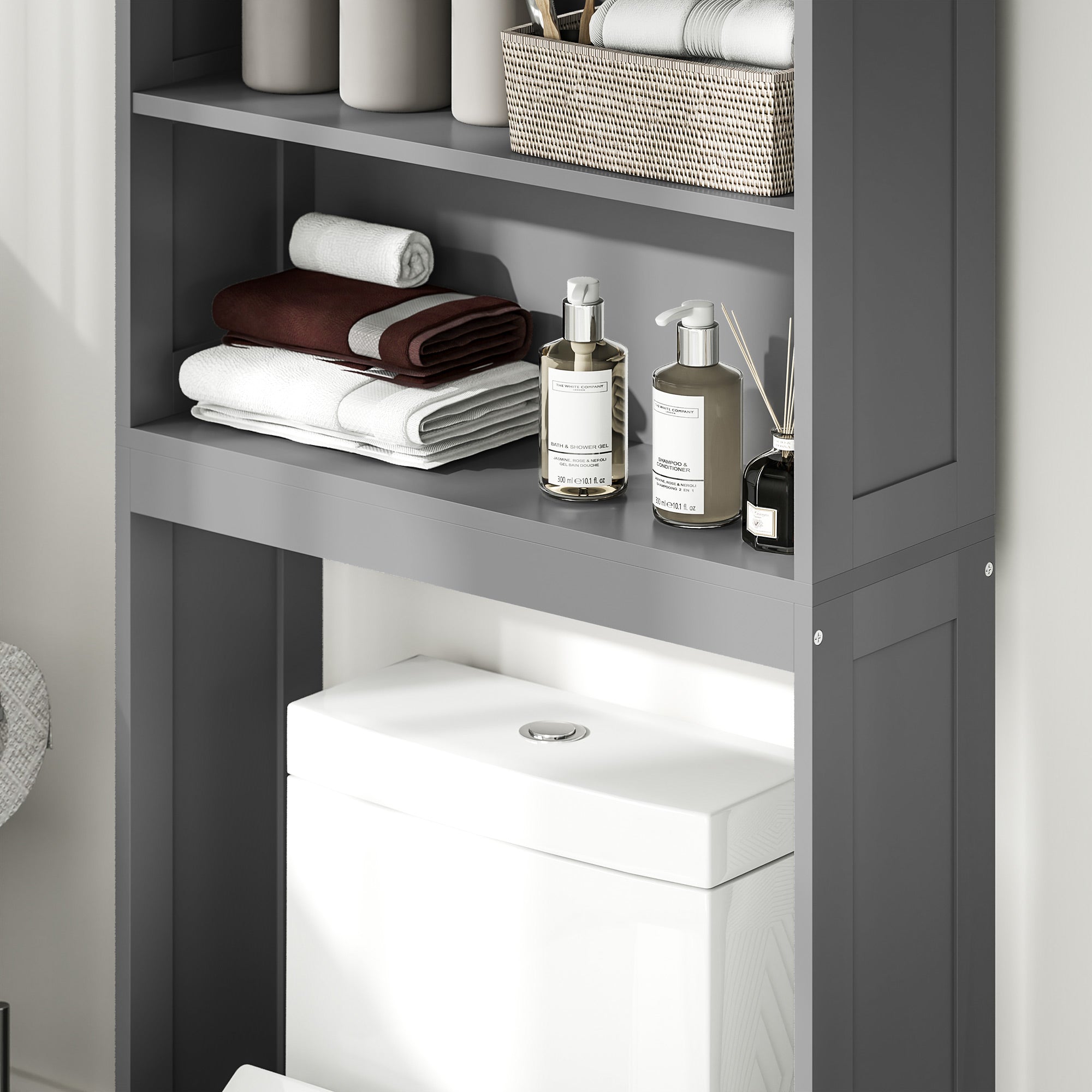 kleankin Over The Toilet Storage Cabinet, Bathroom Space Saver with Adjustable Shelf, Open Shelves and Double Door Cabinet, Bathroom Organizer, Grey