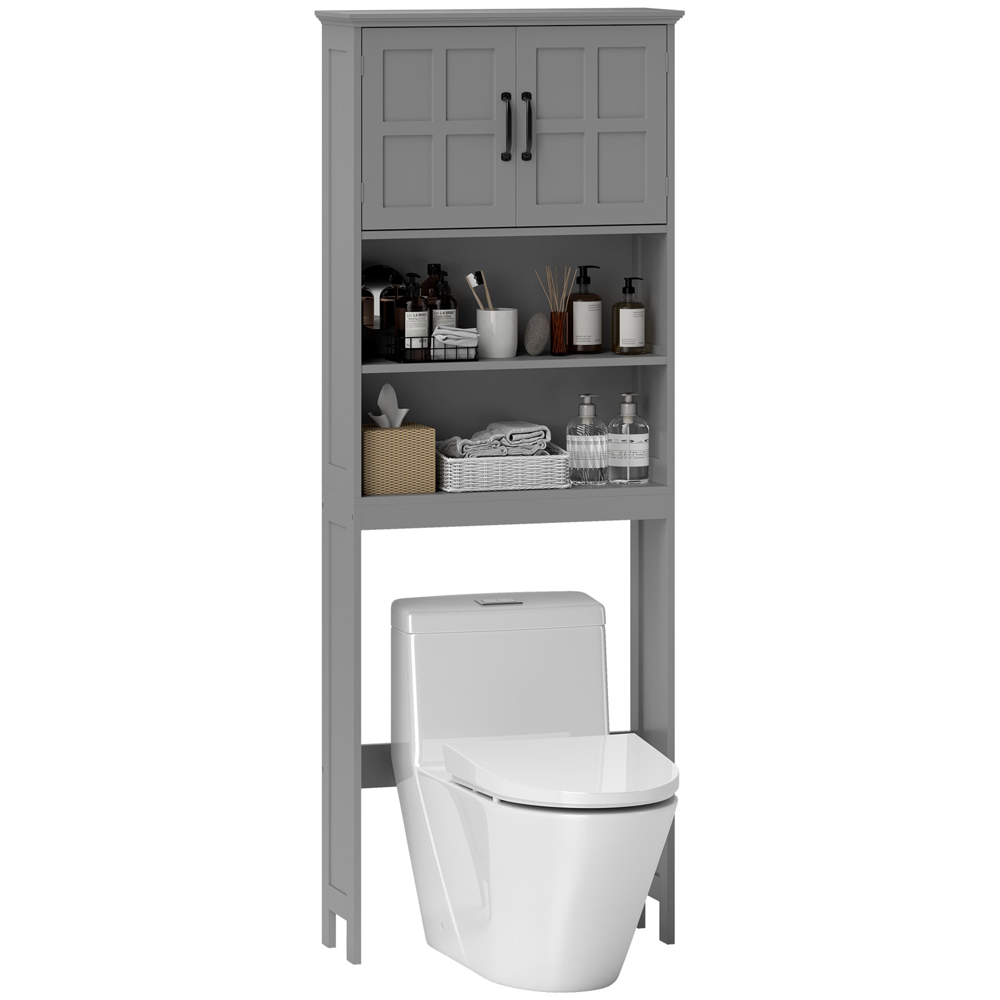 kleankin Over The Toilet Storage Cabinet, Bathroom Space Saver with Adjustable Shelf, Open Shelves and Double Door Cabinet, Bathroom Organizer, Grey