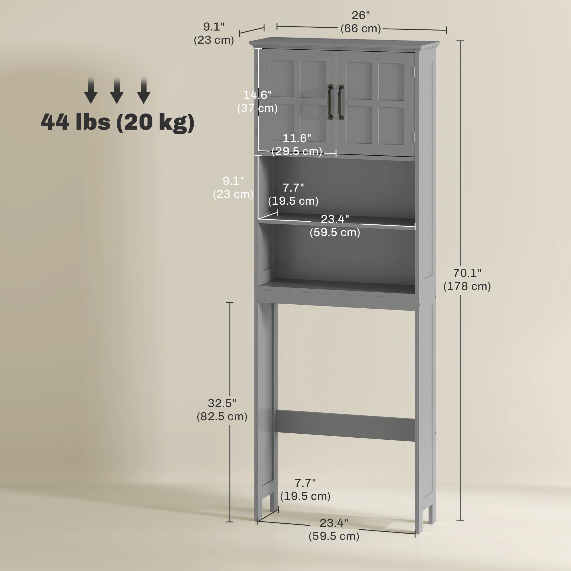 kleankin Over The Toilet Storage Cabinet, Bathroom Space Saver with Adjustable Shelf, Open Shelves and Double Door Cabinet, Bathroom Organizer, Grey