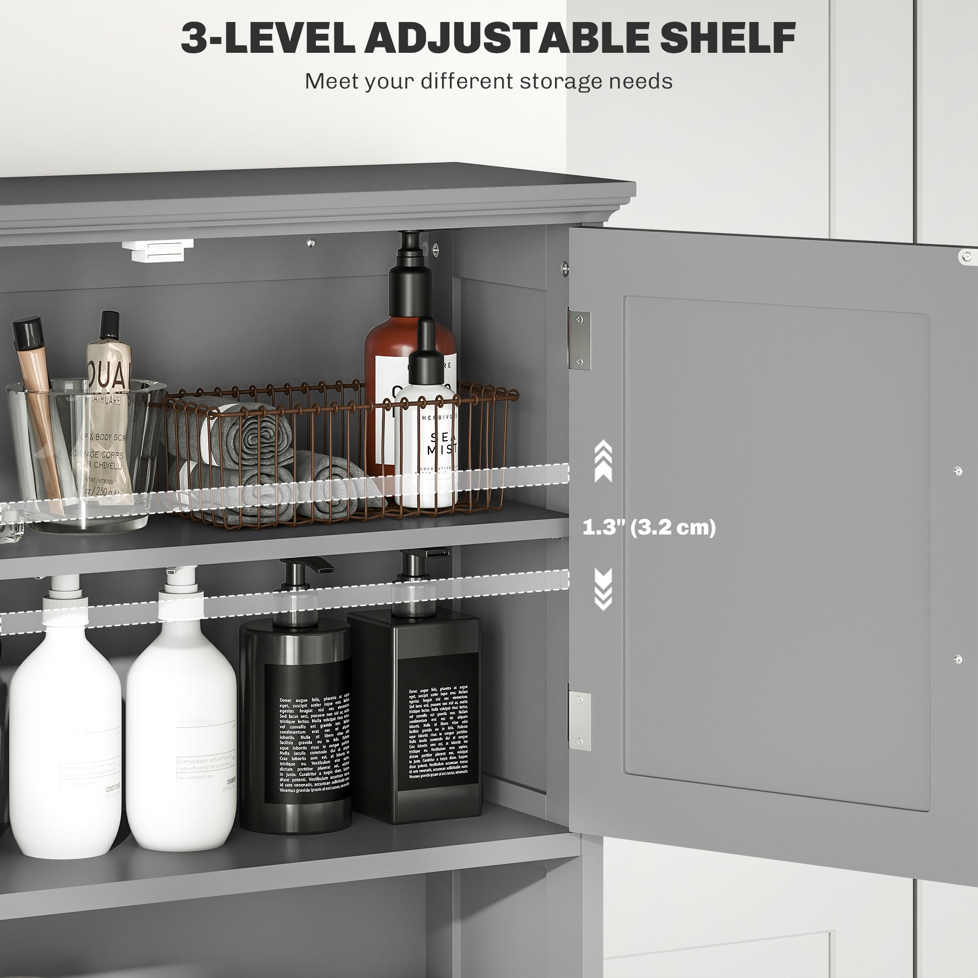 kleankin Over The Toilet Storage Cabinet, Bathroom Space Saver with Adjustable Shelf, Open Shelves and Double Door Cabinet, Bathroom Organizer, Grey