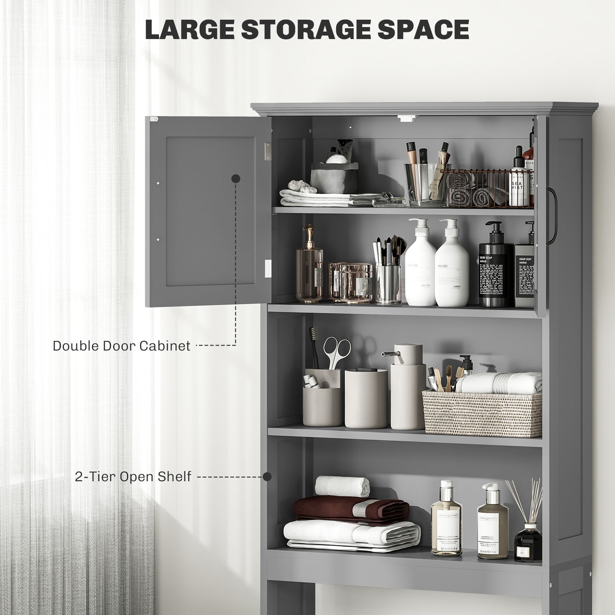 kleankin Over The Toilet Storage Cabinet, Bathroom Space Saver with Adjustable Shelf, Open Shelves and Double Door Cabinet, Bathroom Organizer, Grey