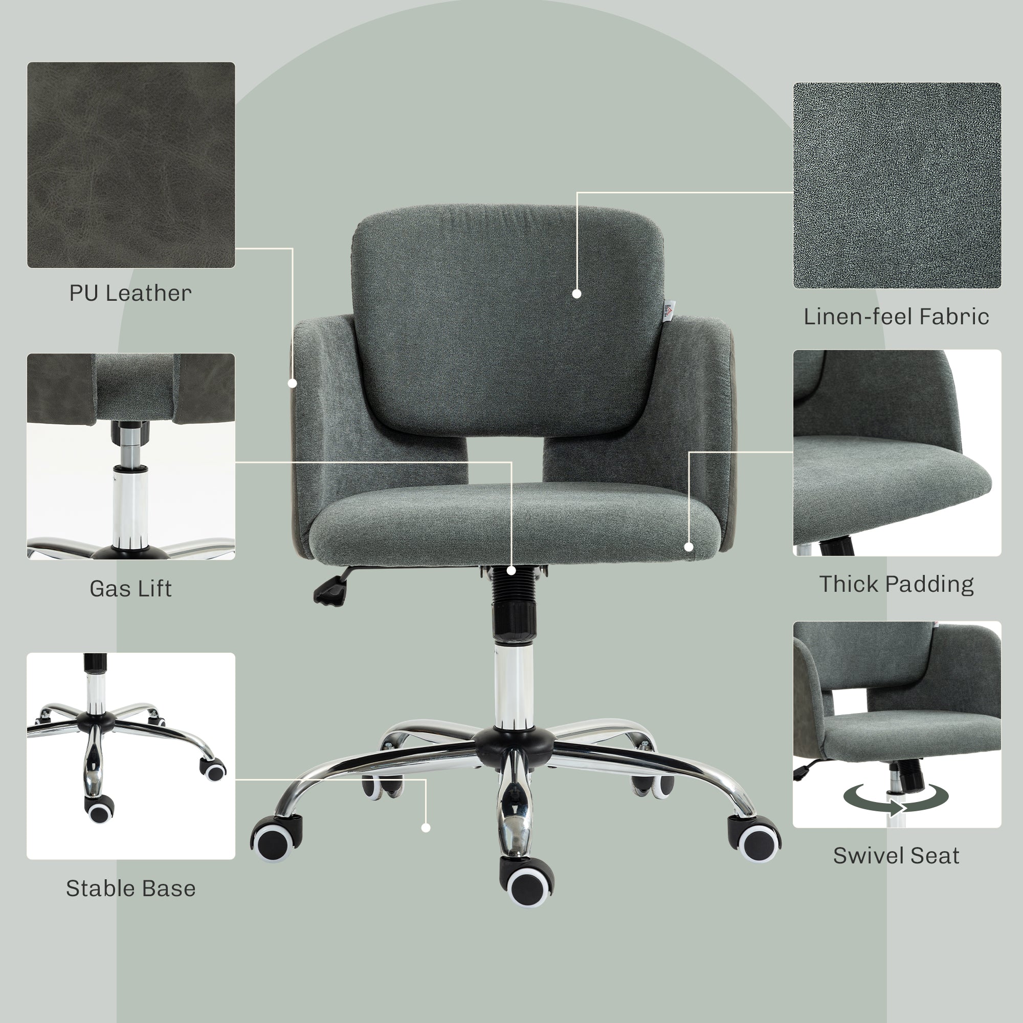 HOMCOM Fabric Office Chair, Height Adjustable Small Desk Chair with Swivel Wheels and Tilt Function, Computer Chair, Grey