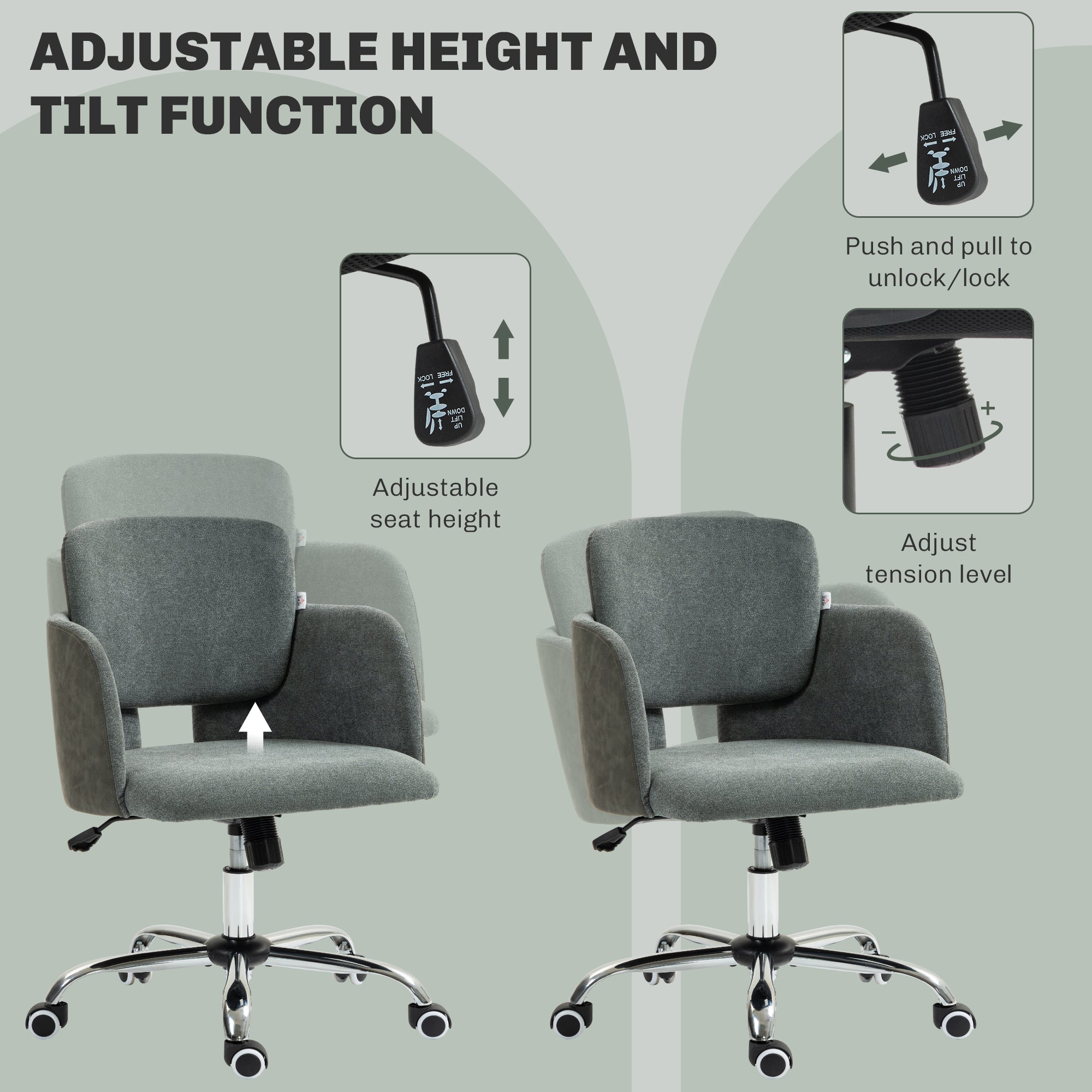 HOMCOM Fabric Office Chair, Height Adjustable Small Desk Chair with Swivel Wheels and Tilt Function, Computer Chair, Grey