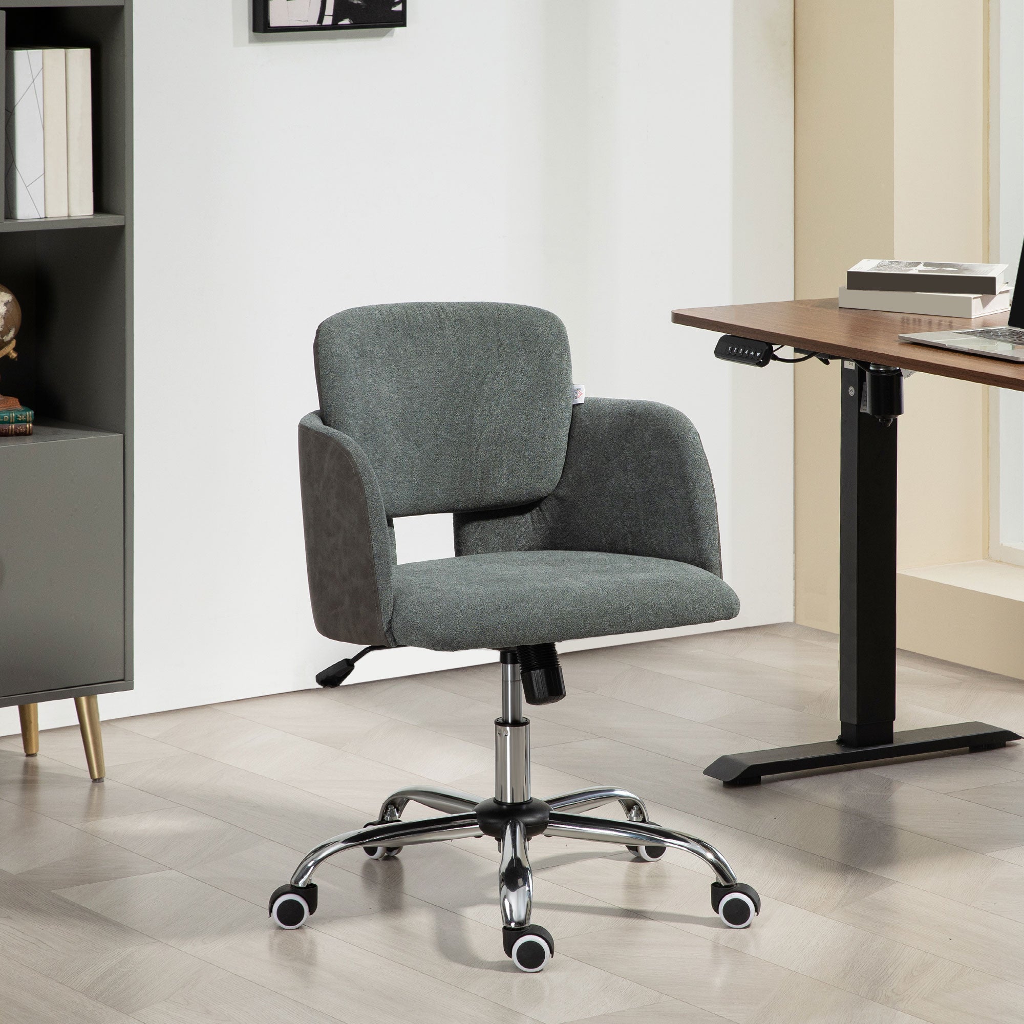 HOMCOM Fabric Office Chair, Height Adjustable Small Desk Chair with Swivel Wheels and Tilt Function, Computer Chair, Grey