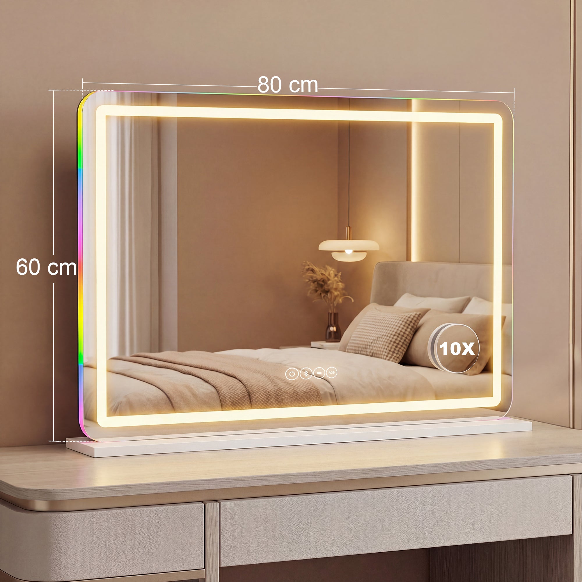 Vanity Mirror with Lights, Dimmable Makeup Mirror with Adjustable Colour Temperature, RGB Light, Bluetooth Speaker, 10X Magnification, Touch Control, 80 x 60 cm, Tabletop & Wall-Mounted, White