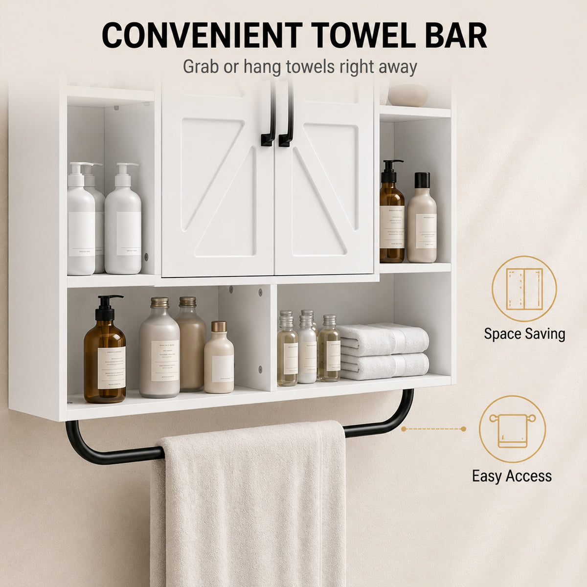 Bathroom Wall Cabinet, Medicine Cabinet Wall Mounted with Open and Hidden Storage Space, Over the Toilet Space Saver with Towel Bar for Bathroom and Living Room, White