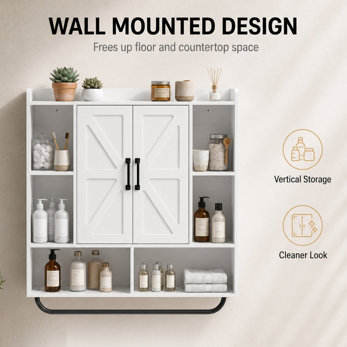 Bathroom Wall Cabinet, Medicine Cabinet Wall Mounted with Open and Hidden Storage Space, Over the Toilet Space Saver with Towel Bar for Bathroom and Living Room, White
