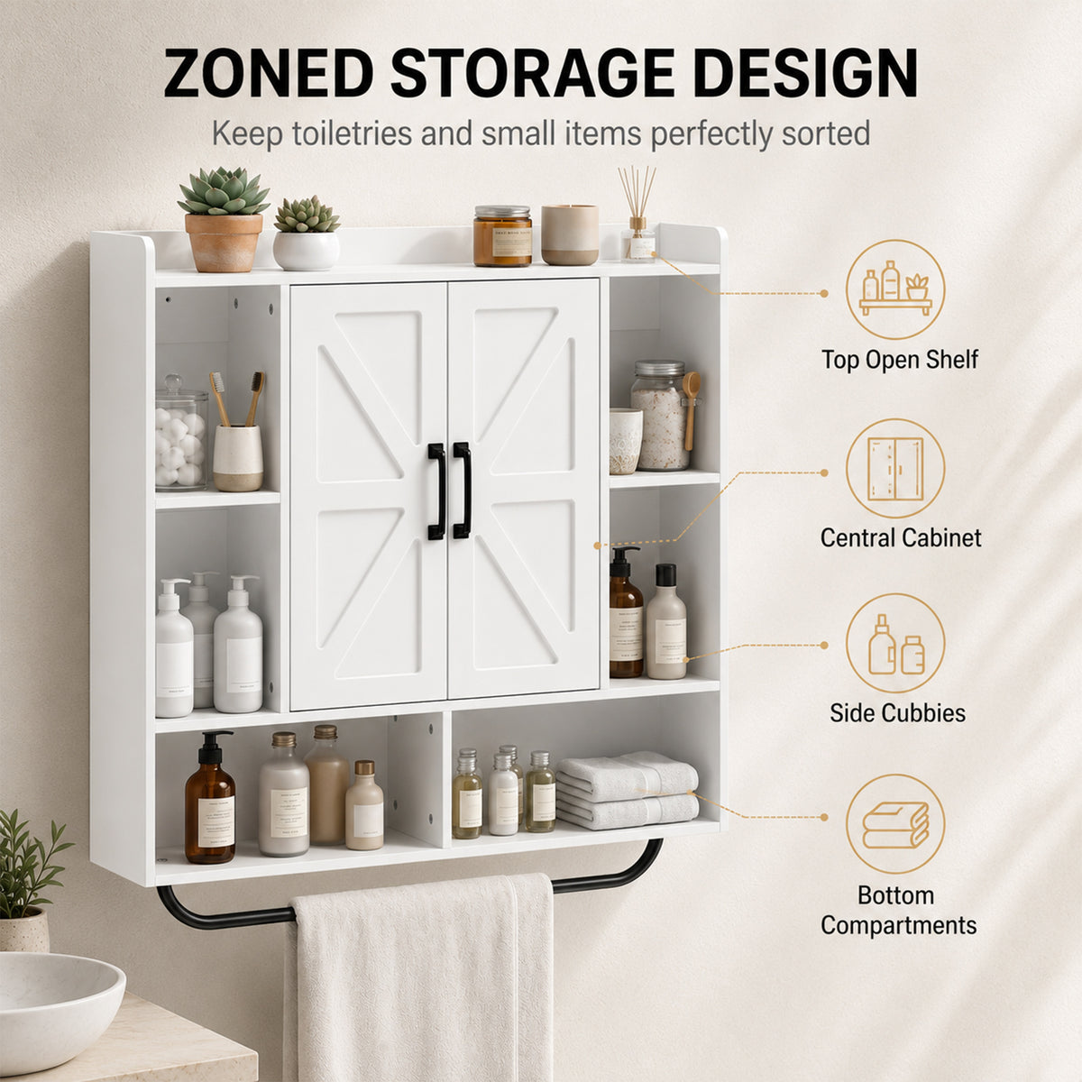 Bathroom Wall Cabinet, Medicine Cabinet Wall Mounted with Open and Hidden Storage Space, Over the Toilet Space Saver with Towel Bar for Bathroom and Living Room, White