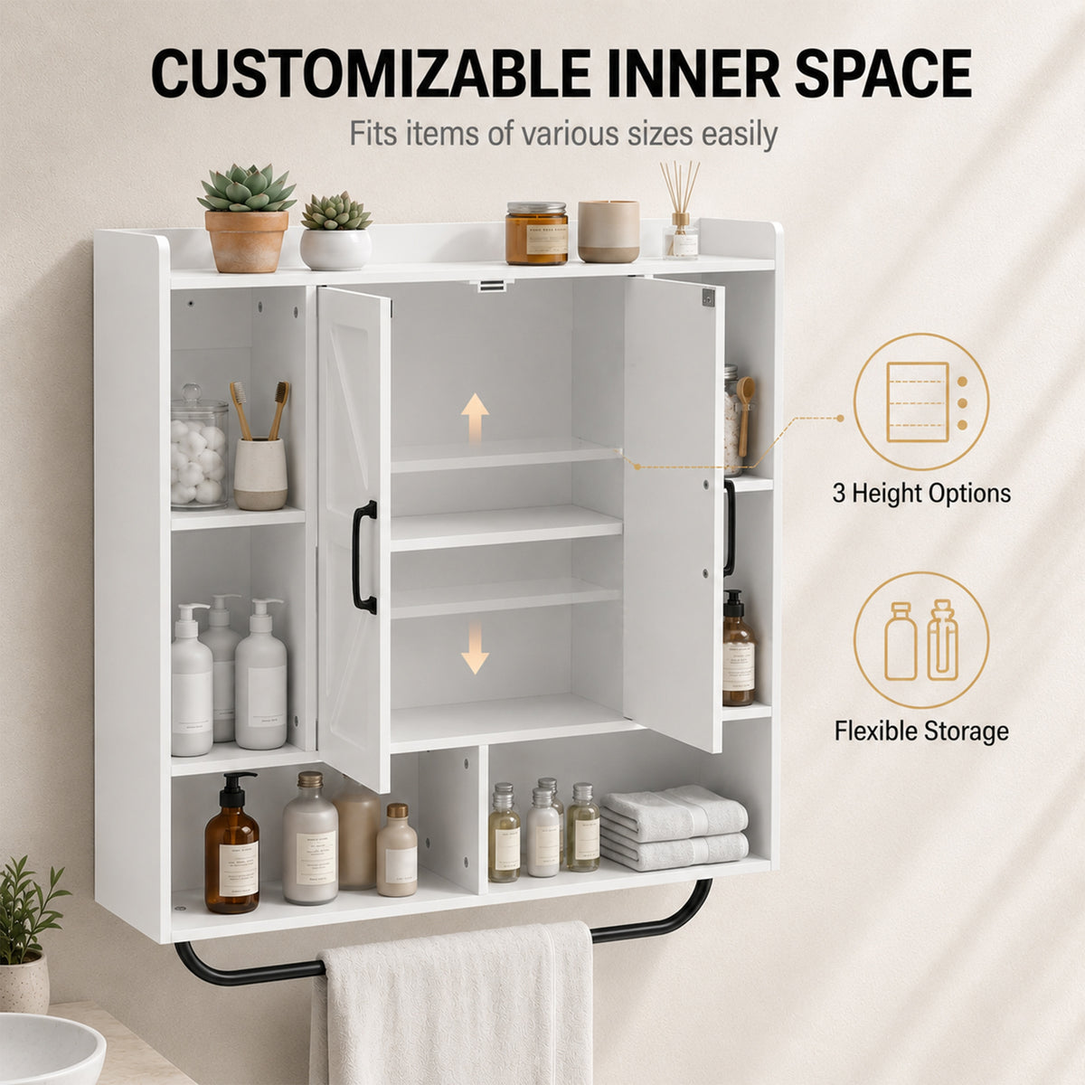 Bathroom Wall Cabinet, Medicine Cabinet Wall Mounted with Open and Hidden Storage Space, Over the Toilet Space Saver with Towel Bar for Bathroom and Living Room, White