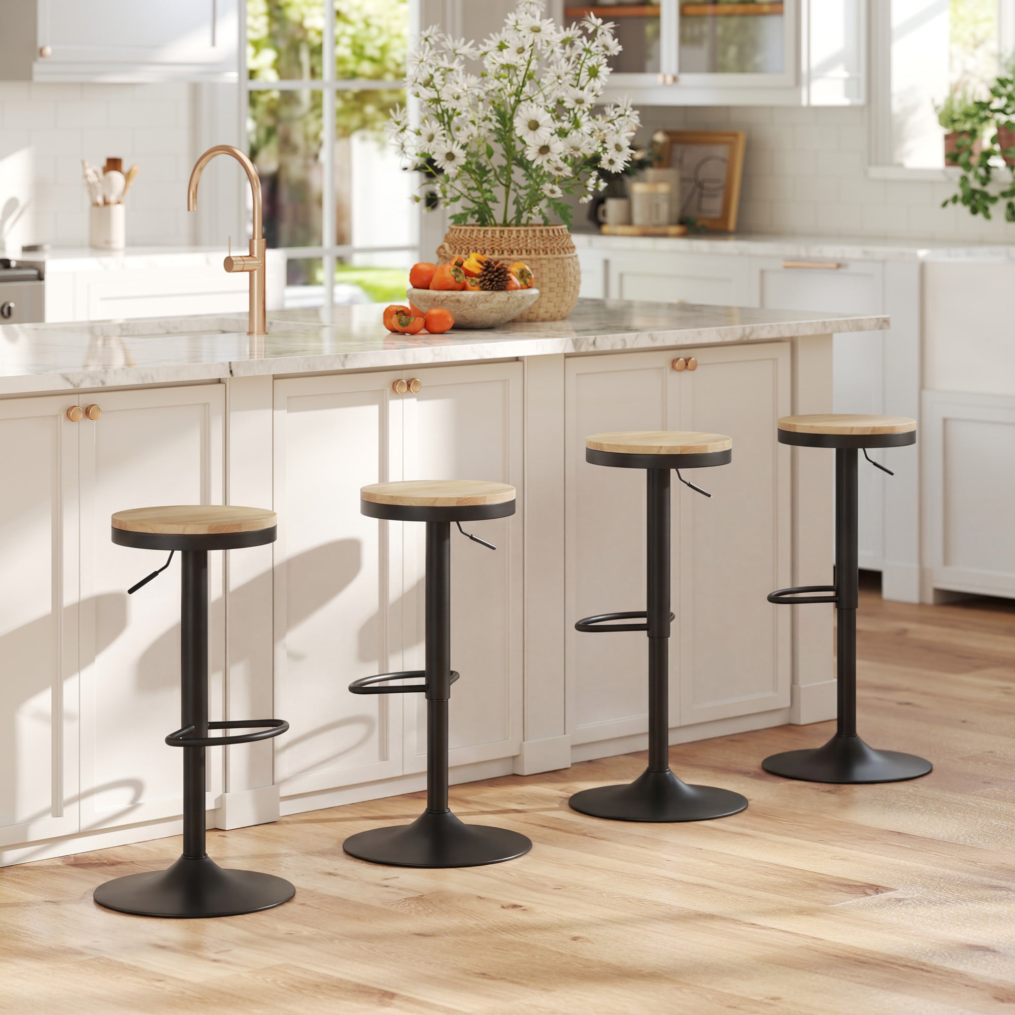 Wooden Bar Stools Set of 2, Adjustable Swivel Barstools with Rubber Wood Seat, Modern Bar Chairs for Kitchen Counter, Breakfast Island, Natural Wood and Black