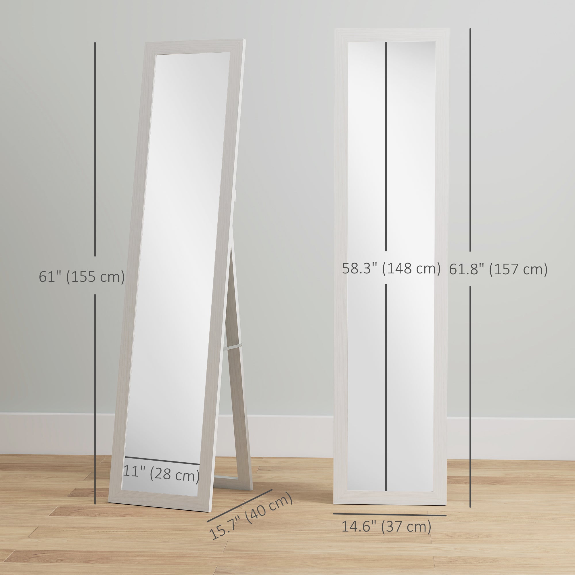 61" x 15" Full Length Mirror with Frame, Rectangular Full Body Mirror for Bedroom, Living Room, Standing Hanging or Leaning Against Wall, White