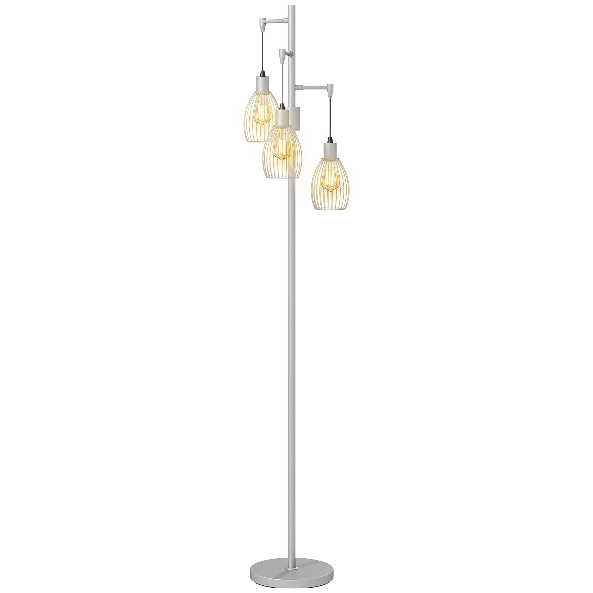 3-Light LED Floor Lamp, 170cm Industrial Dimmable Standing Lamp with Steel Wire Cage Lampshades, 2700K for Living Room, Bedroom, Dining Room, Study, Silver Tone
