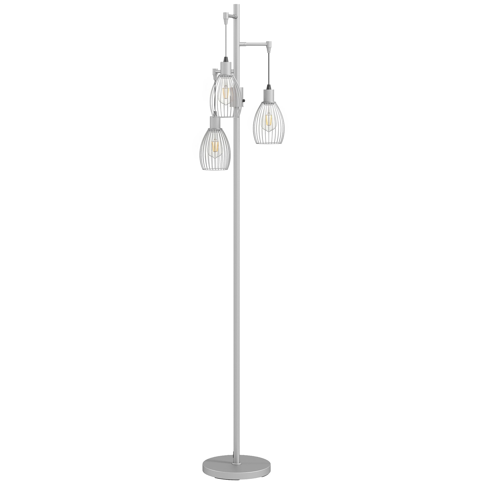 3-Light LED Floor Lamp, 170cm Industrial Dimmable Standing Lamp with Steel Wire Cage Lampshades, 2700K for Living Room, Bedroom, Dining Room, Study, Silver Tone