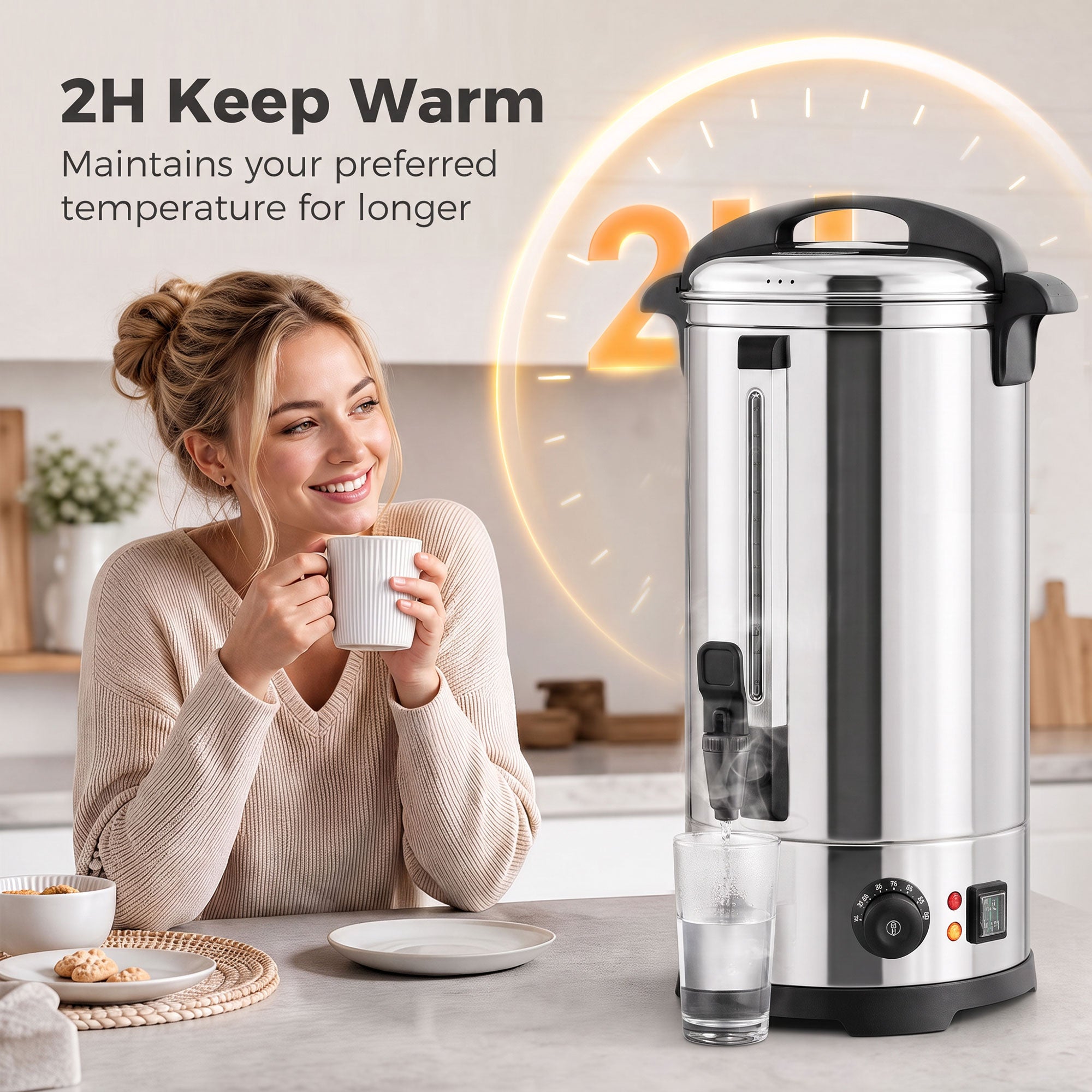 24L Catering Urn, 2500W Hot Water Boiler Dispenser with Thermostat, Stainless Steel Tea Urn Kettle with Keep Warm Function, Adjustable Temperature and Easy Pour Tap for Home Office Parties