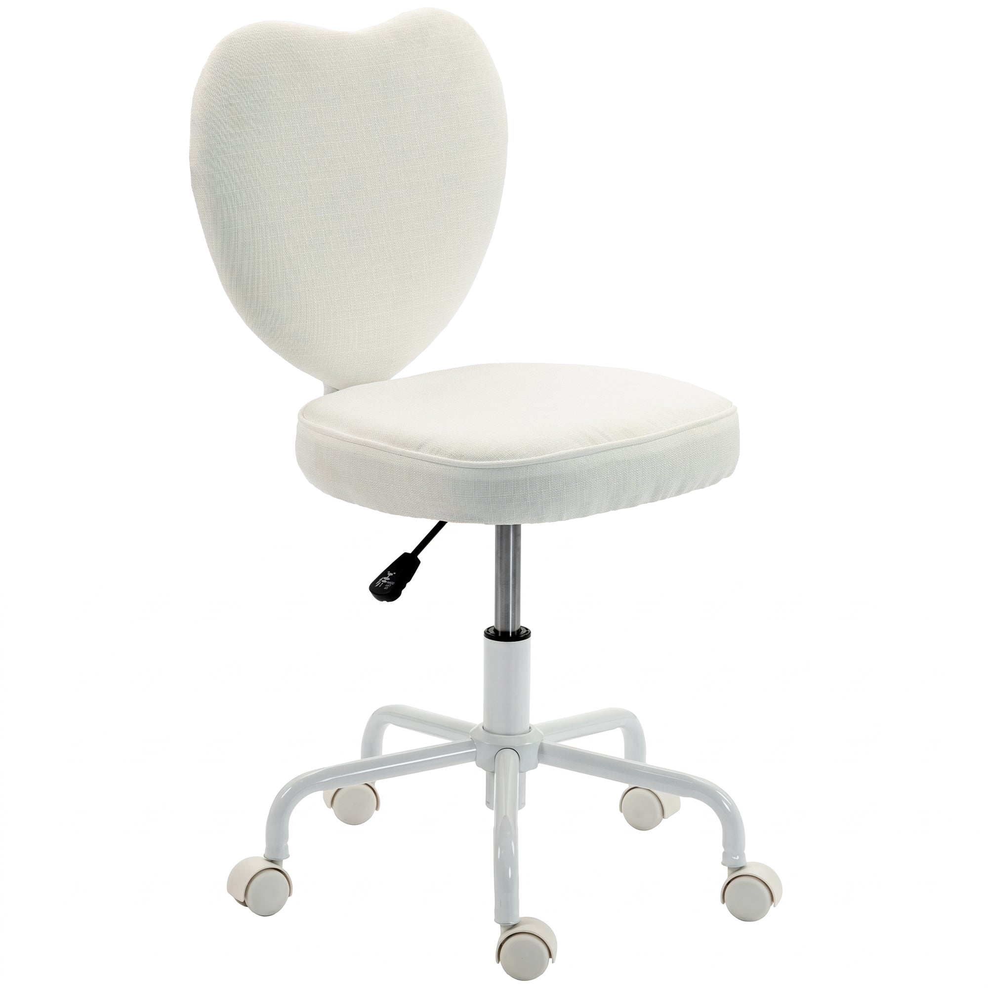Armless Home Office Chair, Modern Fabric Makeup Vanity Chair with Heart Shape, Swivel Wheels, Height Adjustable, White