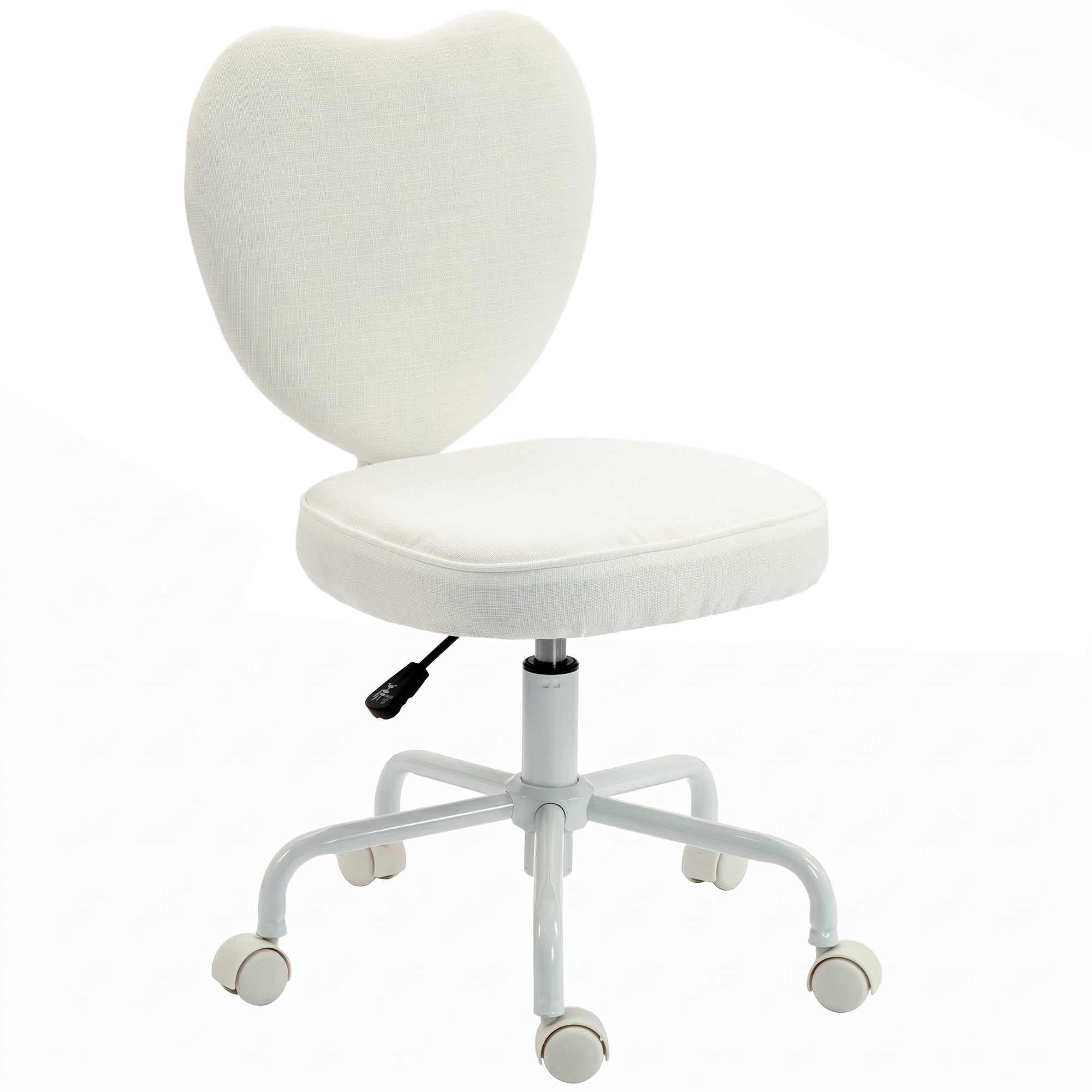 Armless Home Office Chair, Modern Fabric Makeup Vanity Chair with Heart Shape, Swivel Wheels, Height Adjustable, White